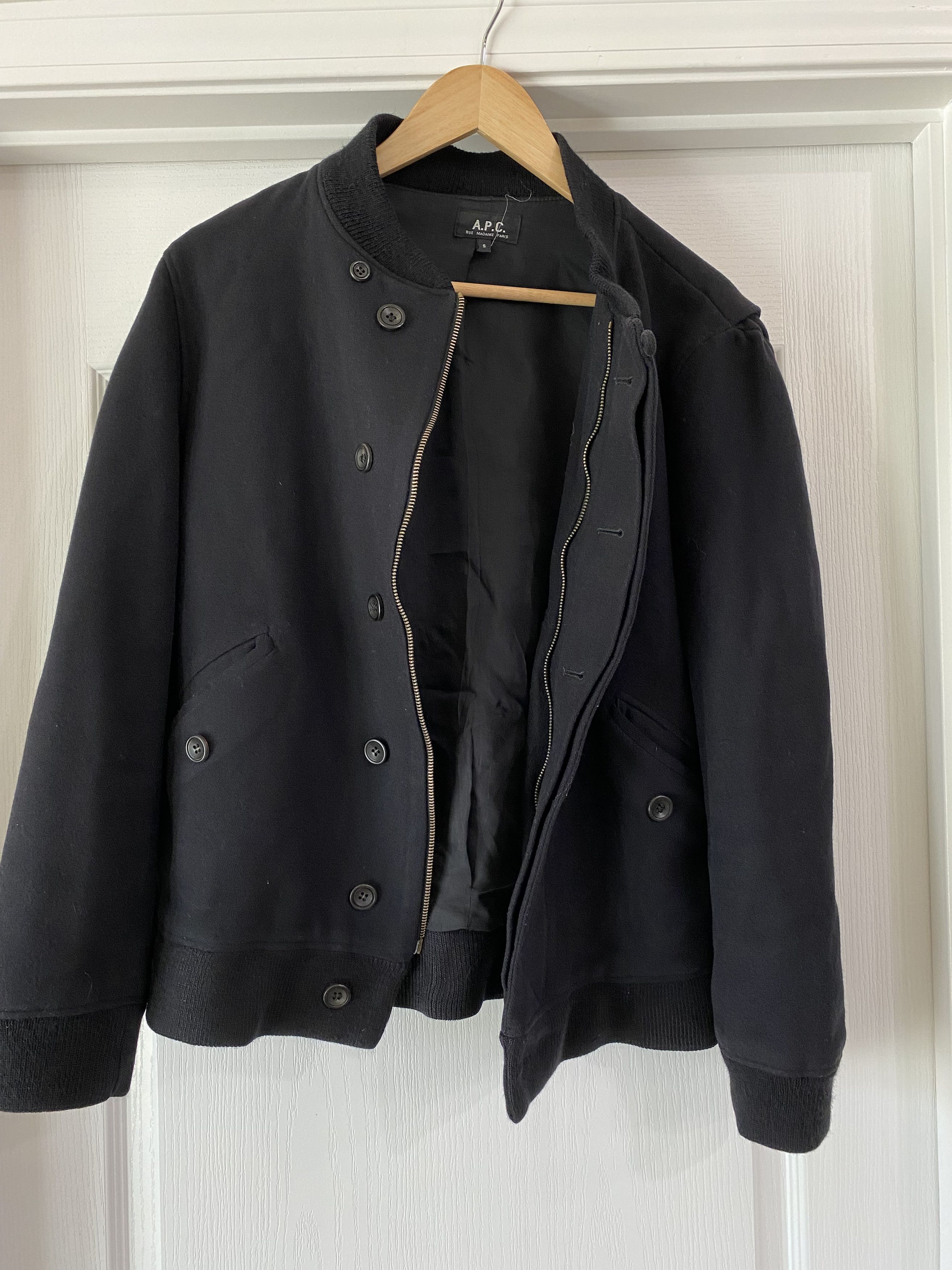 image of A P C Black Wool Bomber Jacket, Men's (Size Small)