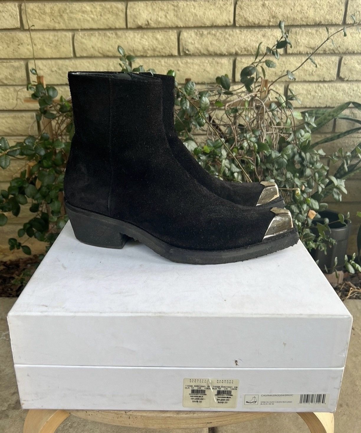 Raf Simons Black Suede Cal Clute Cowboy Boots w Silver Toe Cap Tip ...