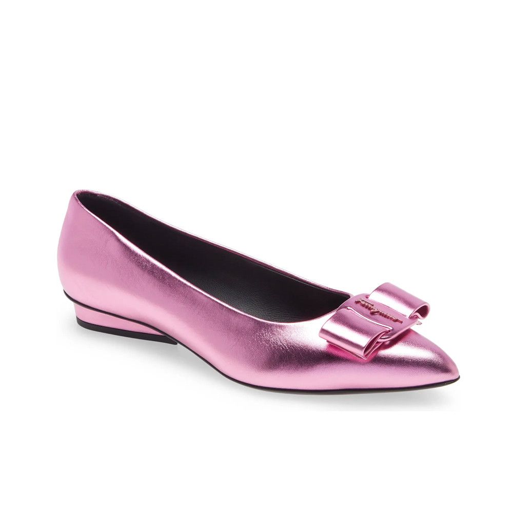 Salvatore Ferragamo Viva Bow Metallic Pointed Toe Flat