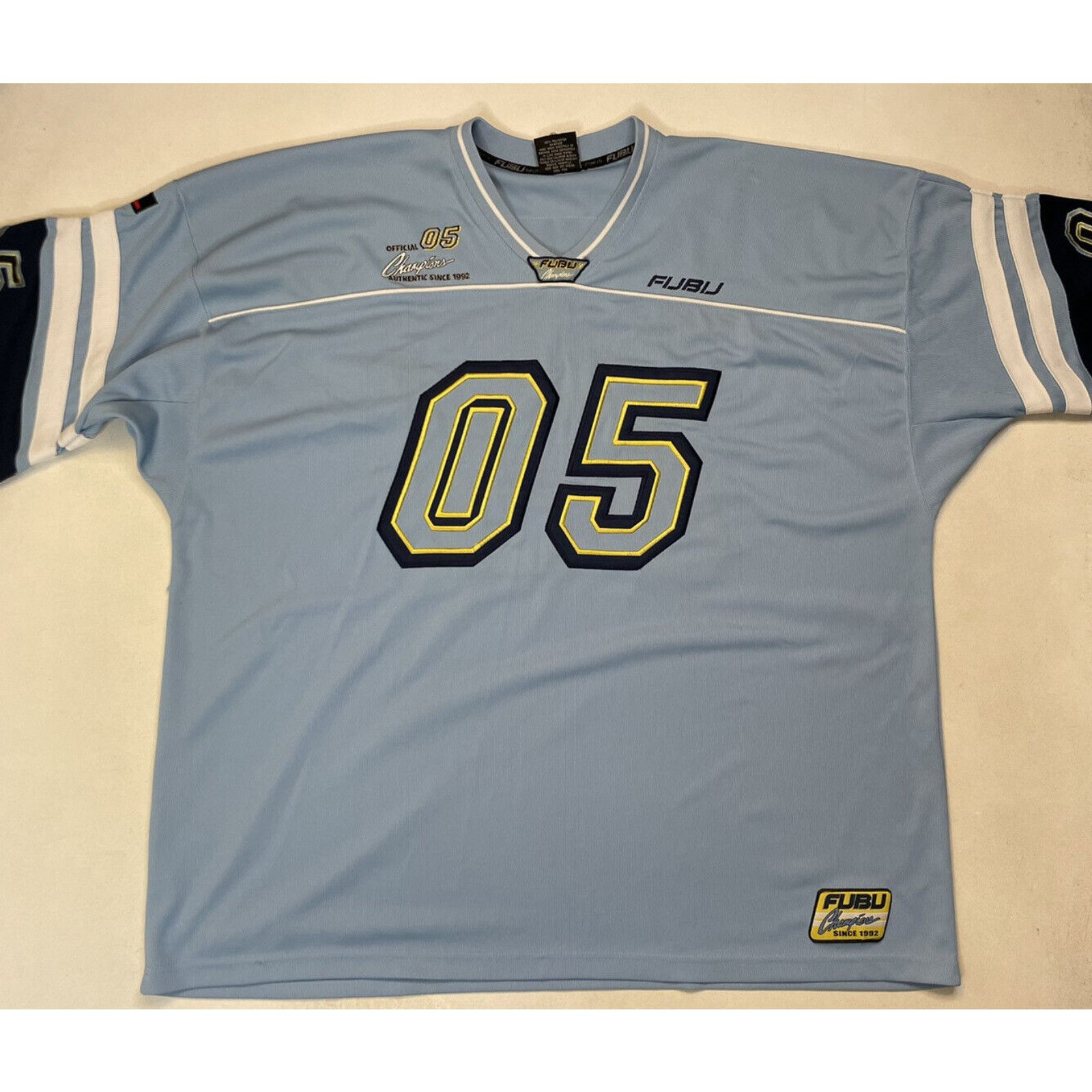 Vintage FUBU Jersey Men 2XL Blue League 05 Button Up Baseball Hip Hop Rap Y2K