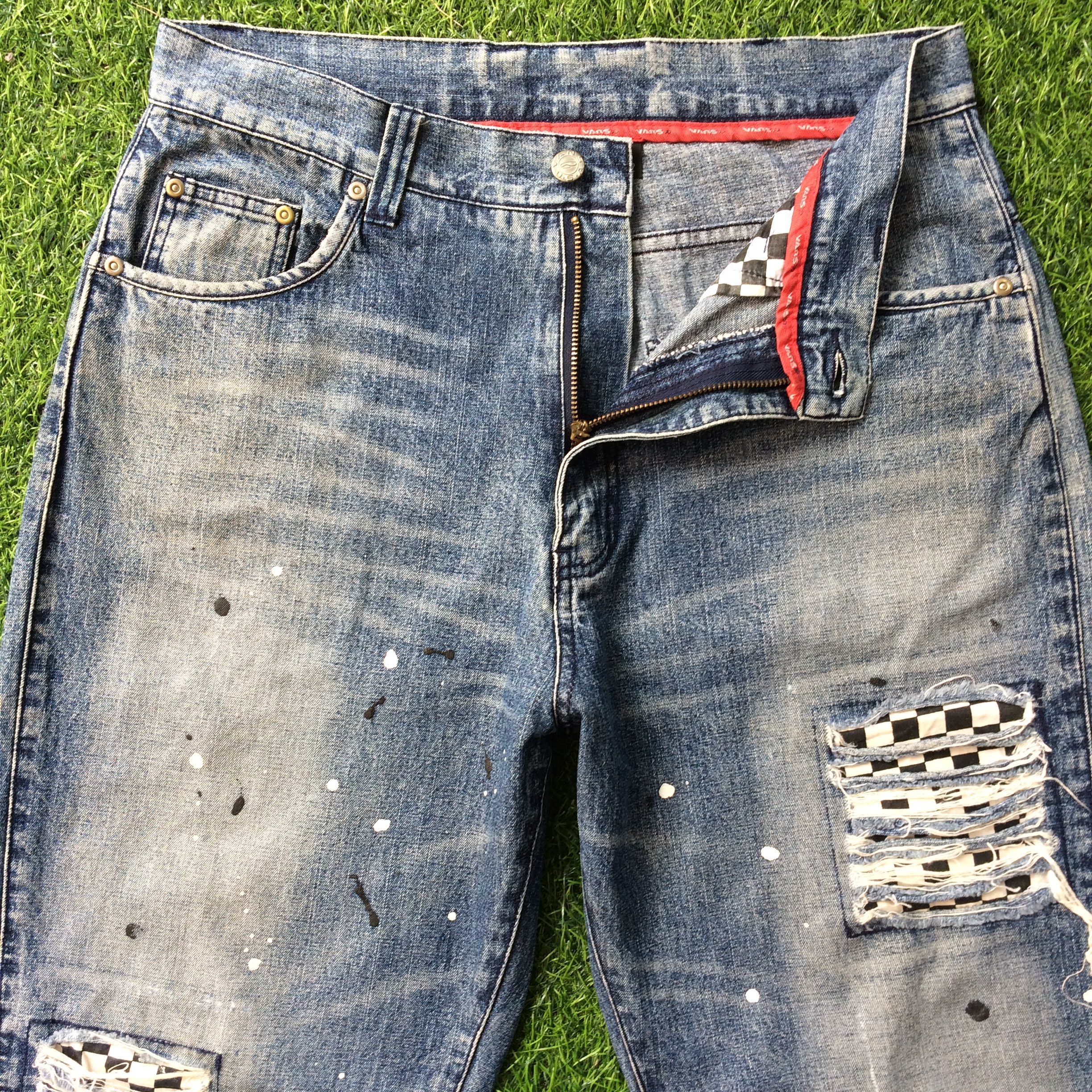 Vans Vans Distressed Denim Checkered Patchwork Paint #D-186 Size US 31 - 1 Thumbnail