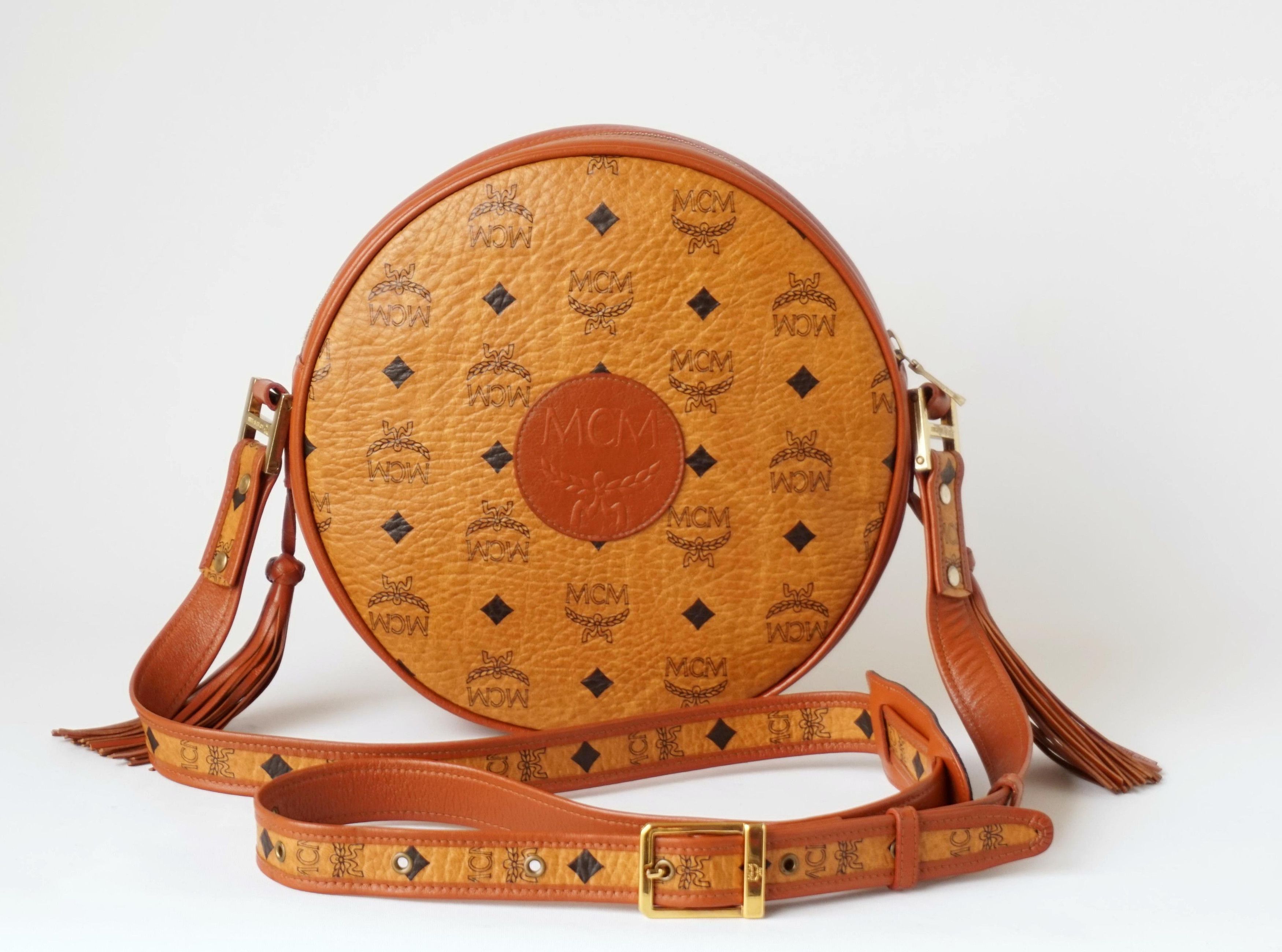 MCM Tambourine Monogram Visetos Canvas Crossbody Bag Cognac