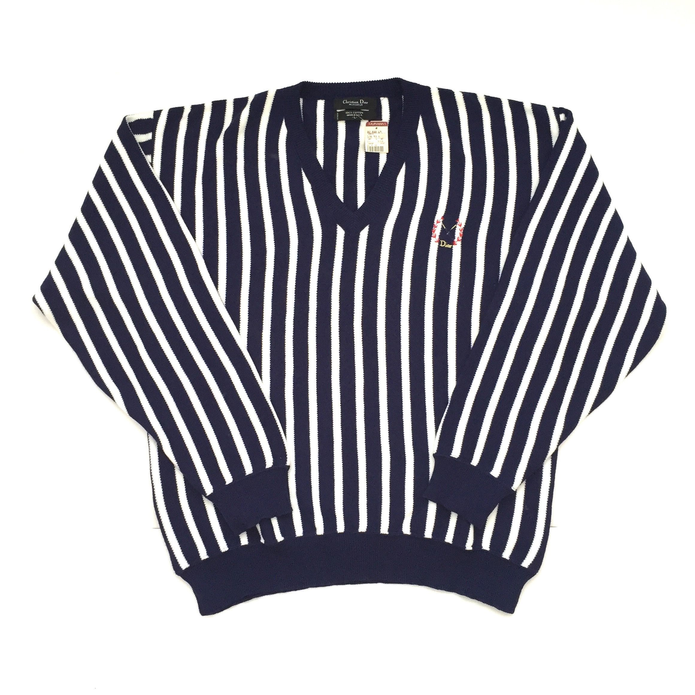 Dior NEW Vintage 90s Vertical Stripe Golf Logo Sweater Navy