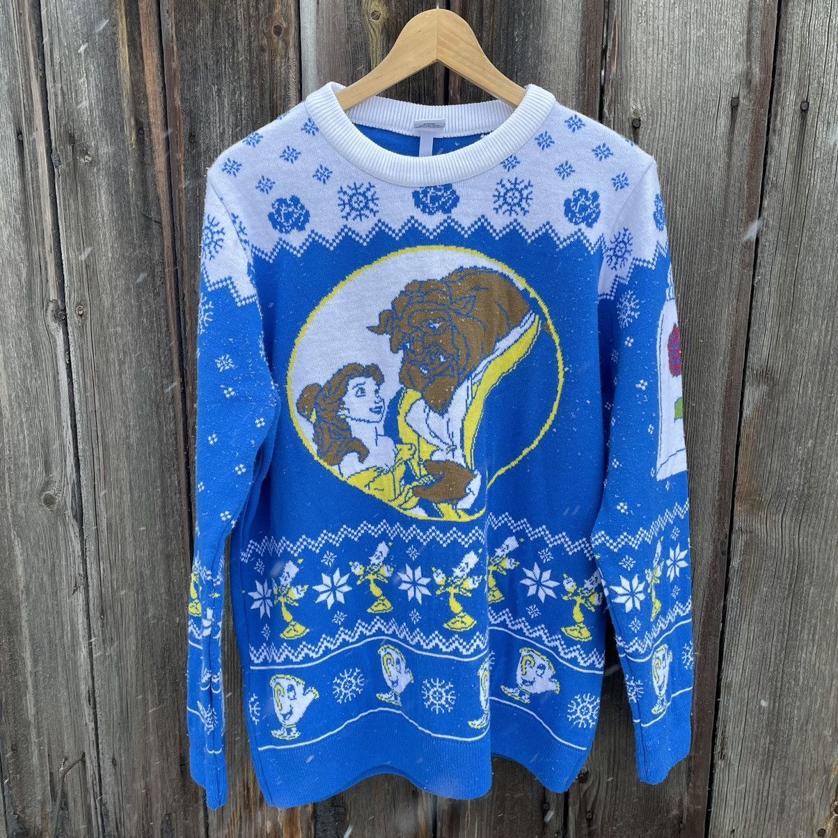 image of Disney Knit Sweater Acrylic Beauty And The Beast 90's in Blue, Men's (Size XL)