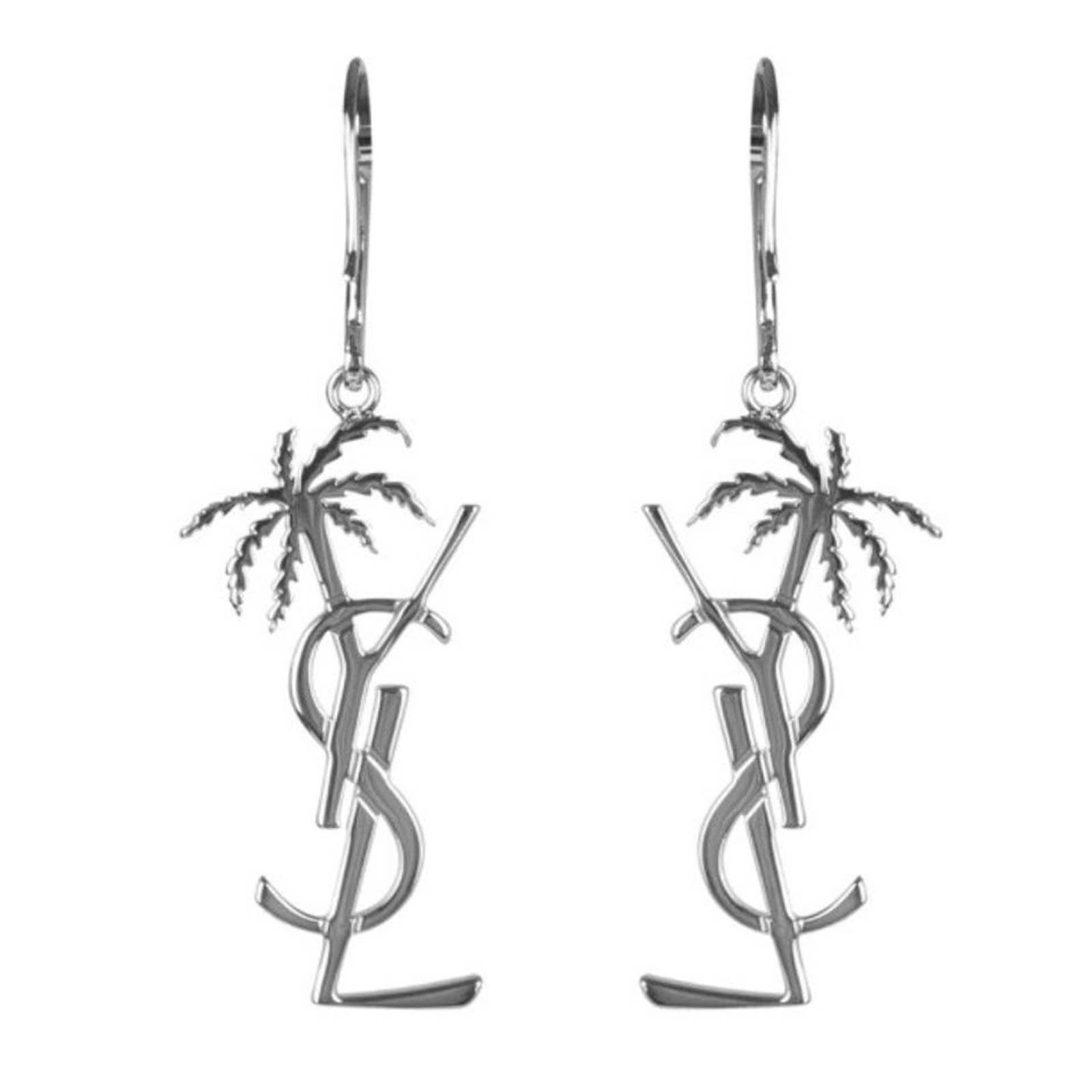 Saint Laurent YSL Logo Palm Tree Silver Tone Earrings