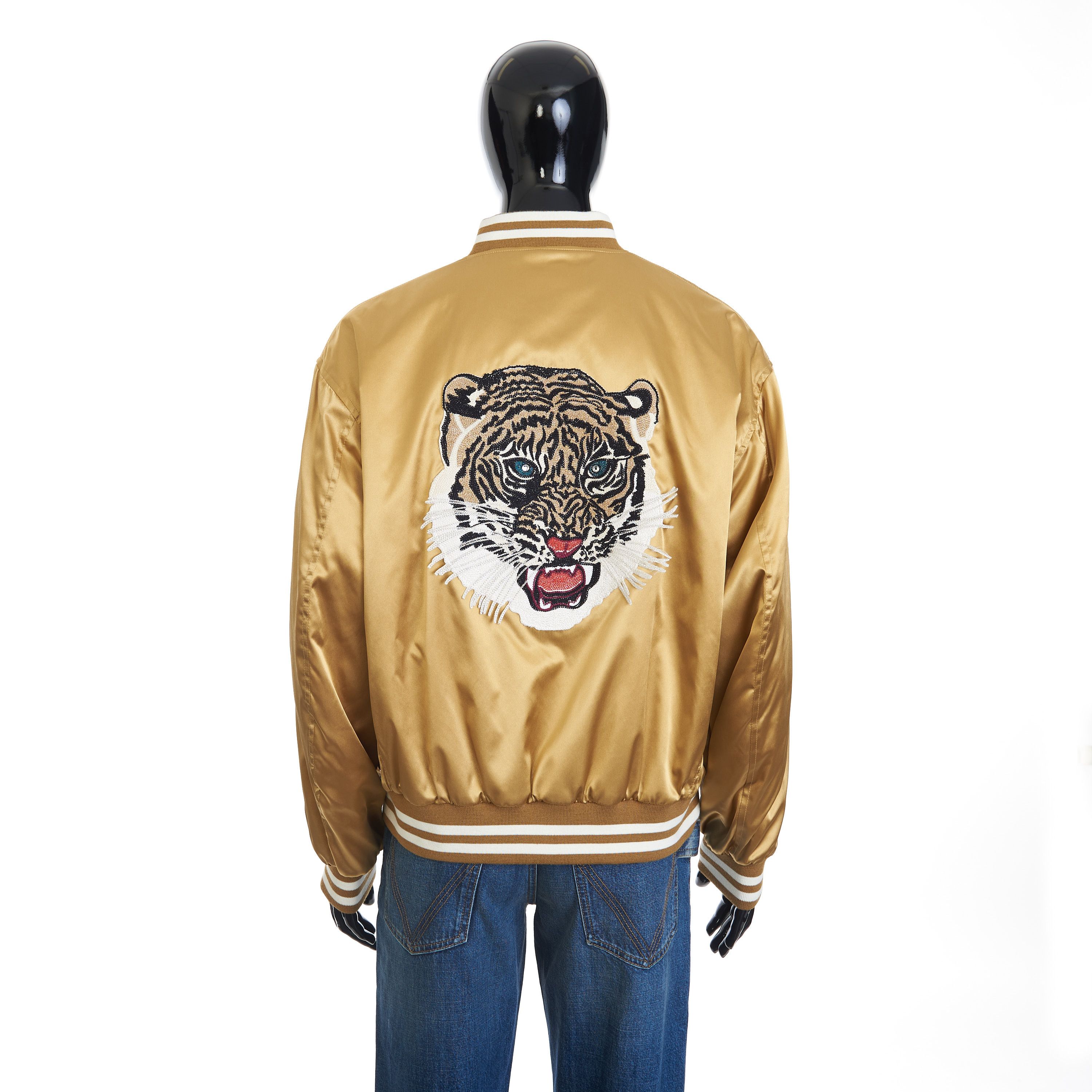Embroidered Tiger Teddy Jacket In Gold Satin-Finish Nylon