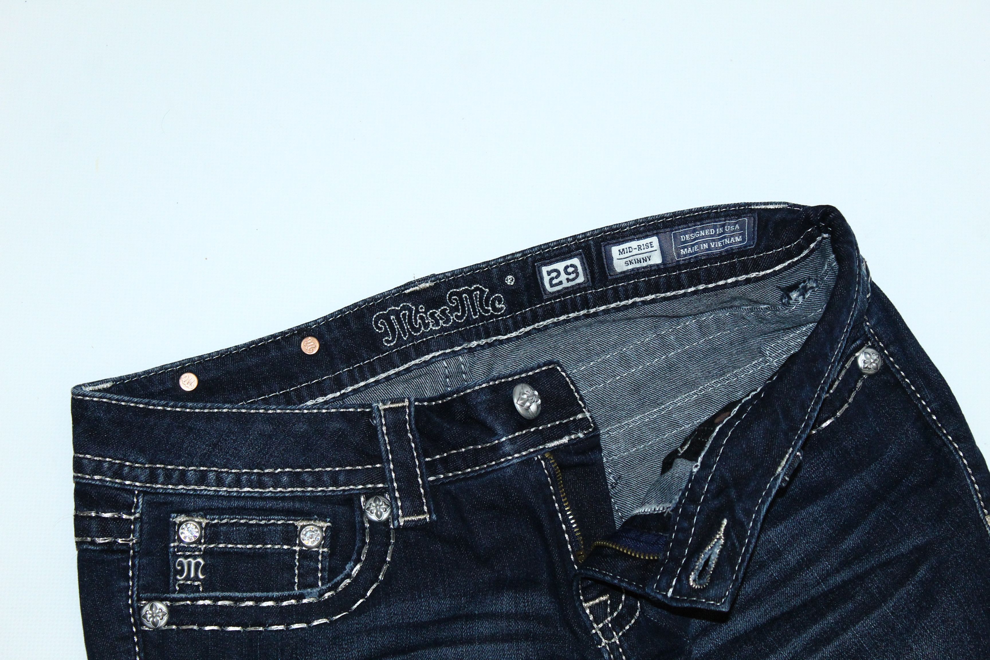 Japanese Brand VTG Miss Me Skinny Stretch Faded Raw Denim Jeans Size 29" - 8 Thumbnail
