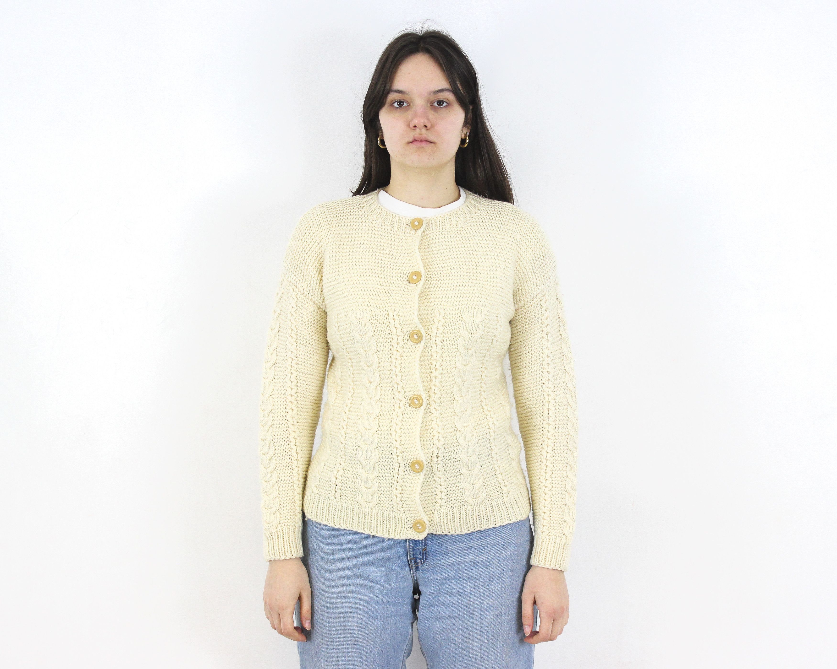Handmade × Vintage Wool Cardigan Sweater Fisherman Jumper Cable Knit Jacket Top Size M / US 6-8 / IT 42-44 - 1 Thumbnail