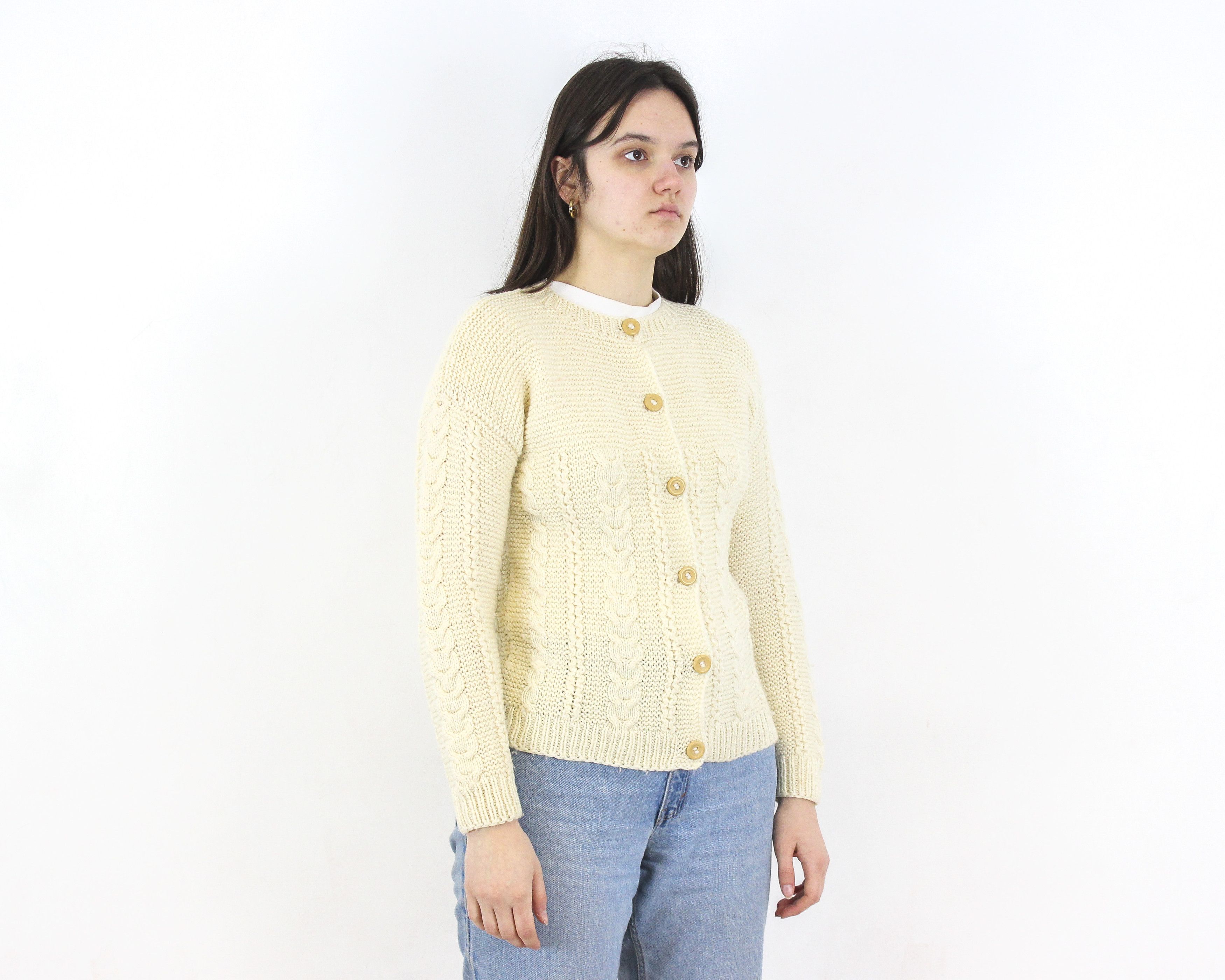 Handmade × Vintage Wool Cardigan Sweater Fisherman Jumper Cable Knit Jacket Top Size M / US 6-8 / IT 42-44 - 2 Thumbnail