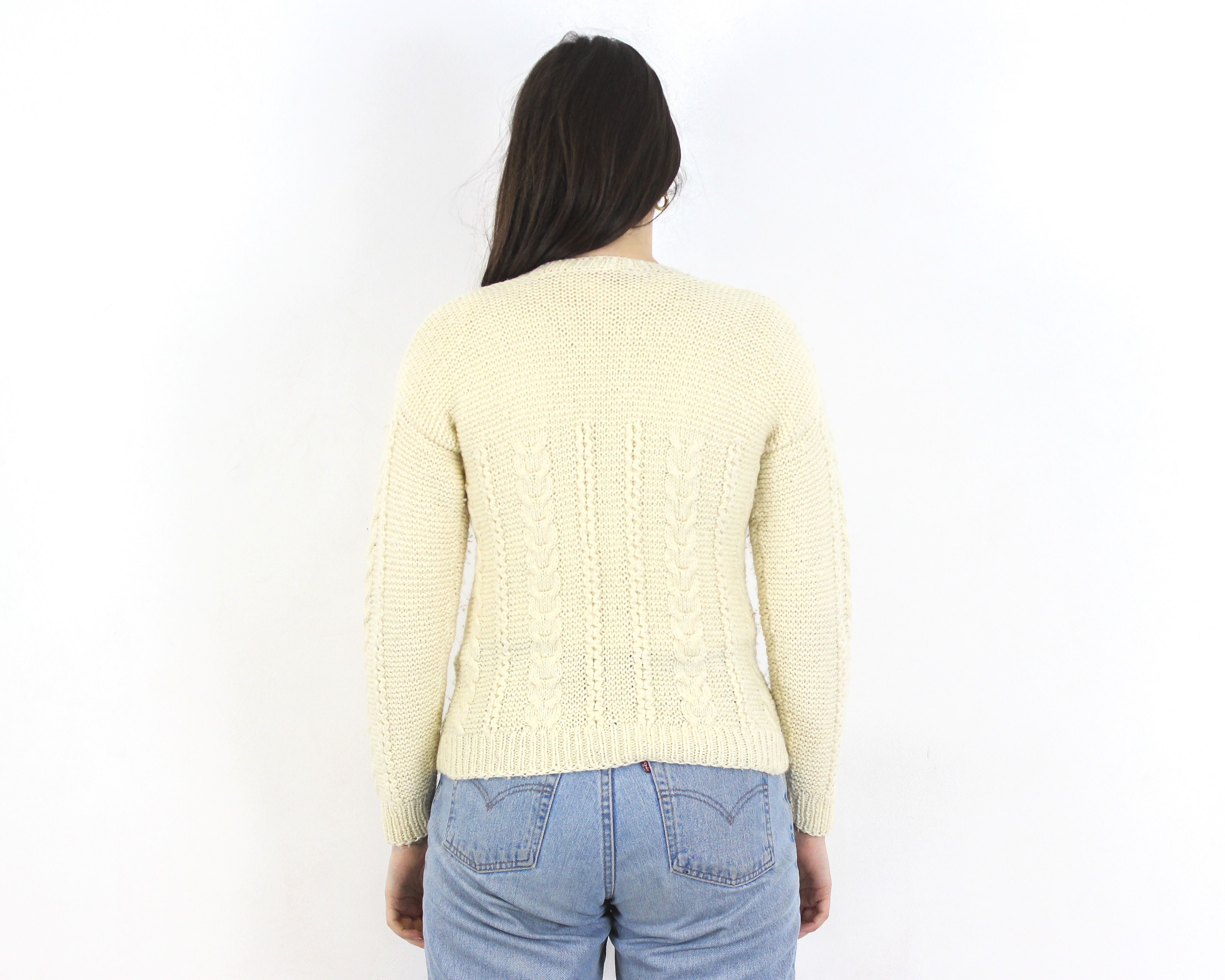 Handmade × Vintage Wool Cardigan Sweater Fisherman Jumper Cable Knit Jacket Top Size M / US 6-8 / IT 42-44 - 3 Thumbnail