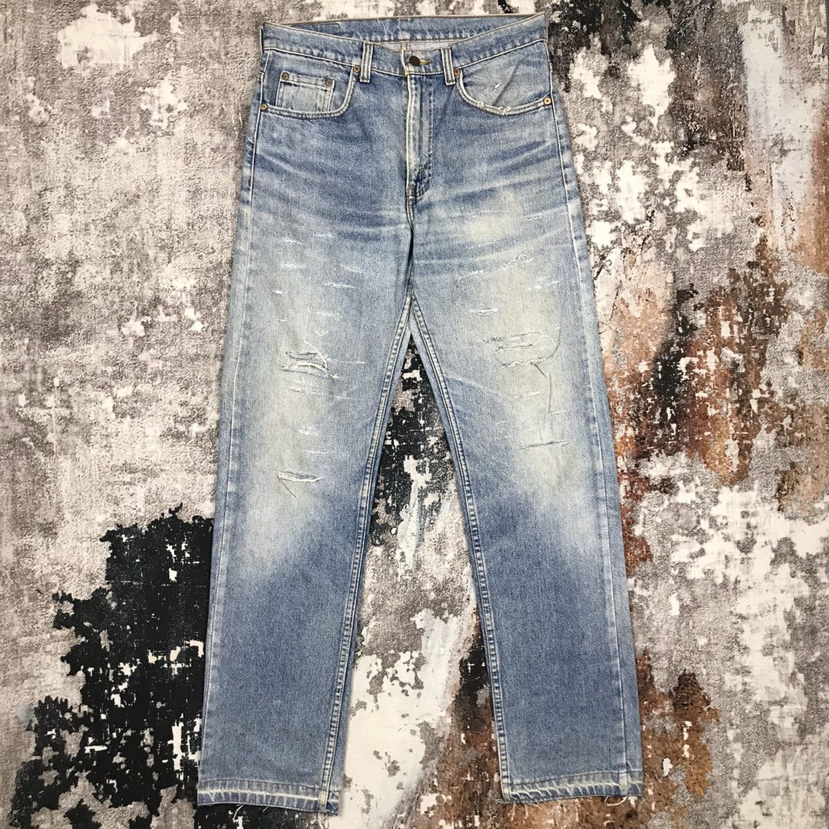 image of Vintage Levis 505 Light Wash Blue Distressed Design Jeans, Men's (Size 31)