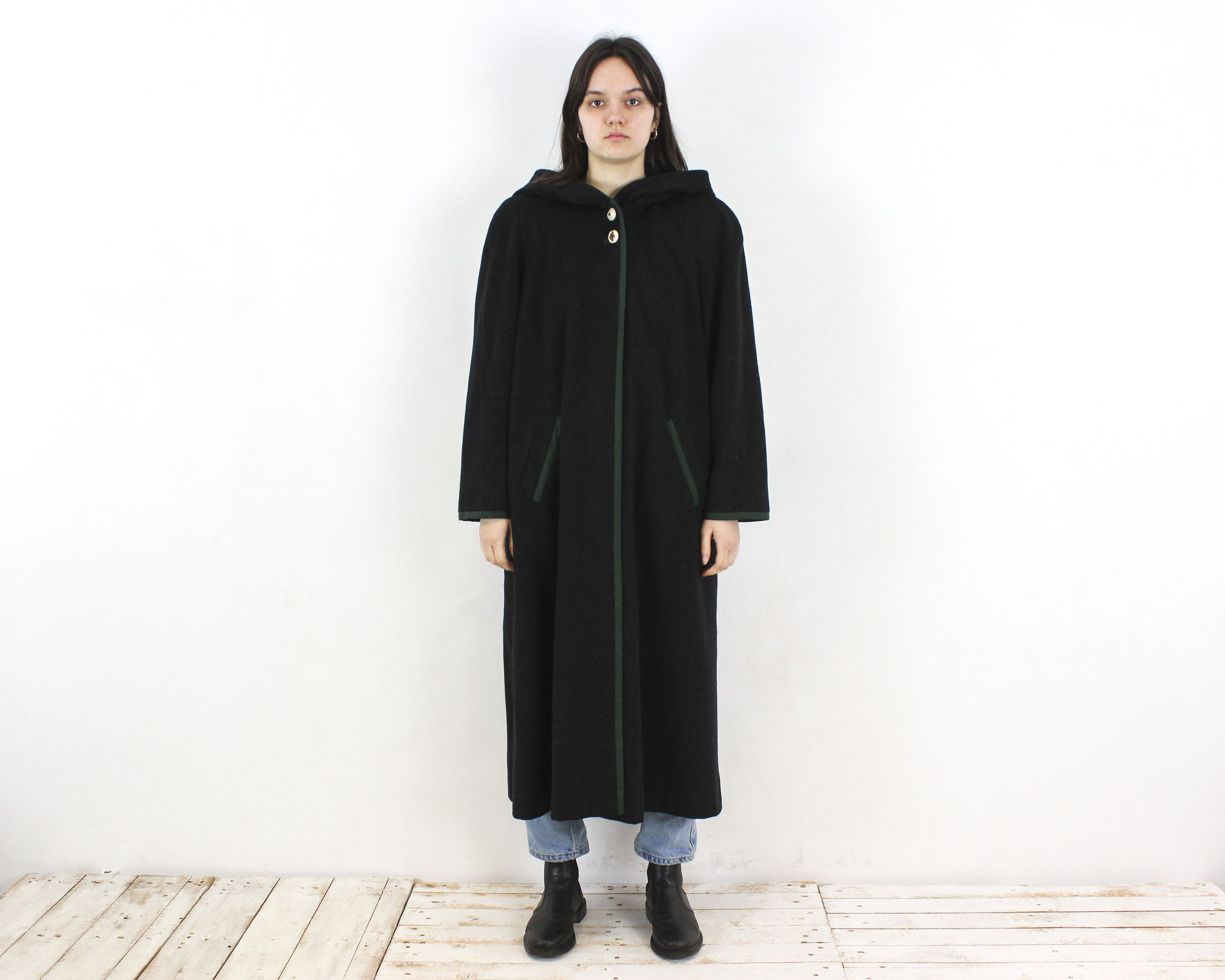 image of Vintage Lodenfrey New Wool Over Coat Hooded Parka Jacket Outwear in Black, Women's (Size Large)