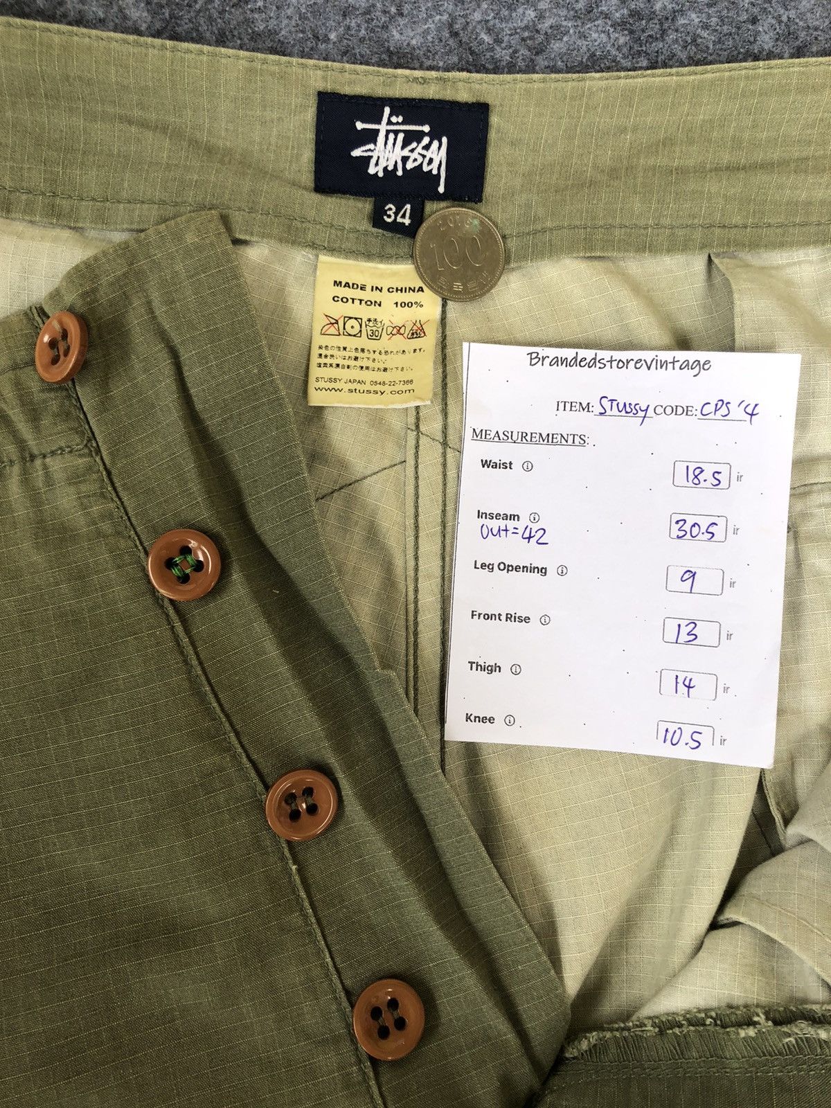 Stussy Vintage 90s🔥STUSSY JAPAN🔥Faded Green Army Baggy Cargo Pants Size US 37 - 6 Thumbnail