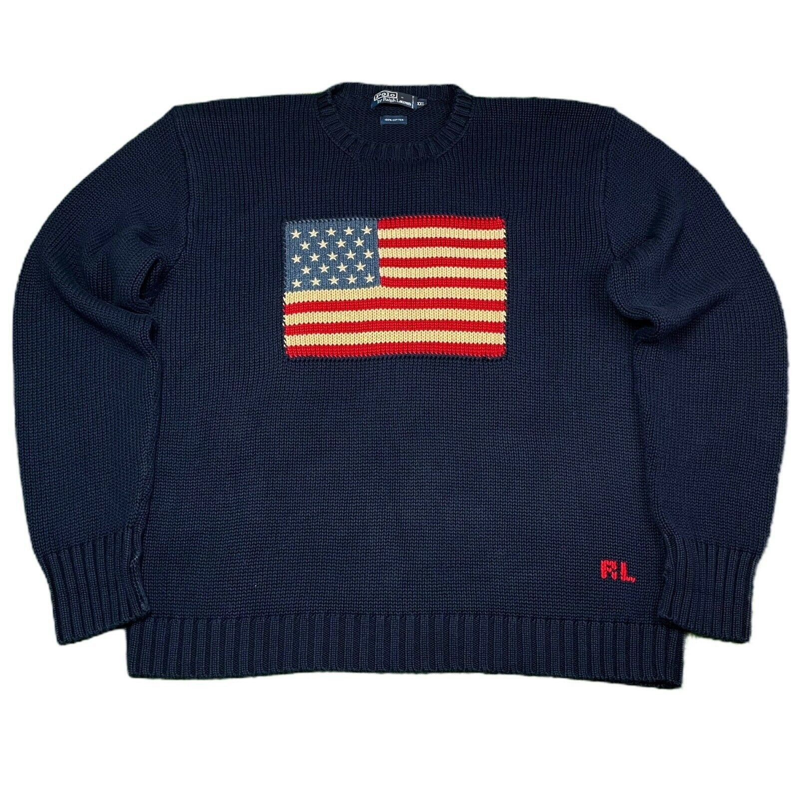 image of Vintage Polo Ralph Laurent Navy Flag Sweater Knit , Men's (Size 2XL)