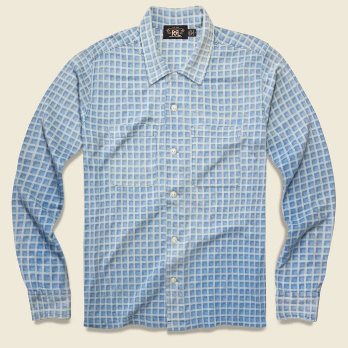 RRL Ralph Lauren RRL PLAIDPRINT JERSEY CAMP SHIRT INDIGO Grailed