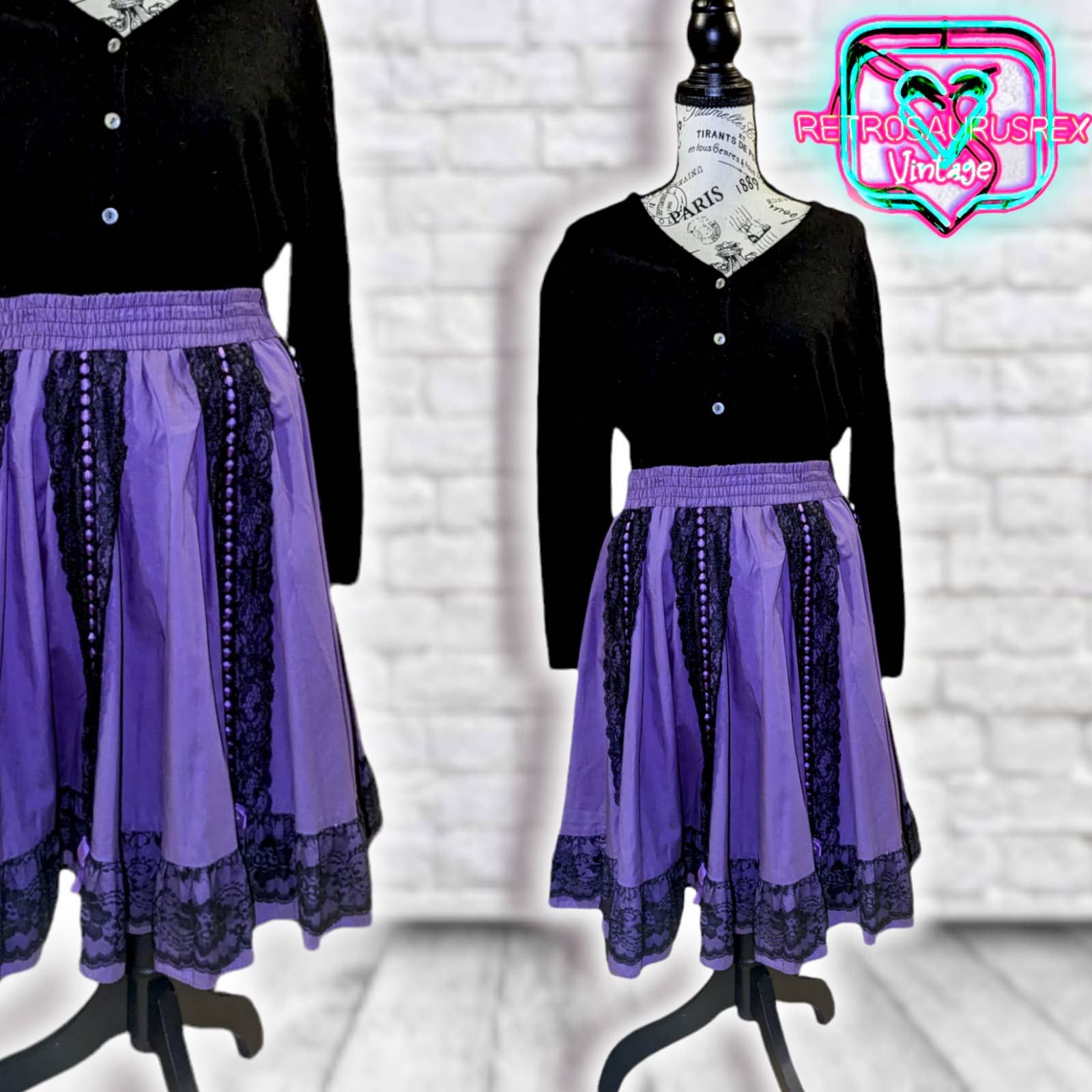 Vintage Vintage 70's Rockabilly Purple & Black Circle Skirt Size 34" / US 12 / IT 48 - 6 Thumbnail