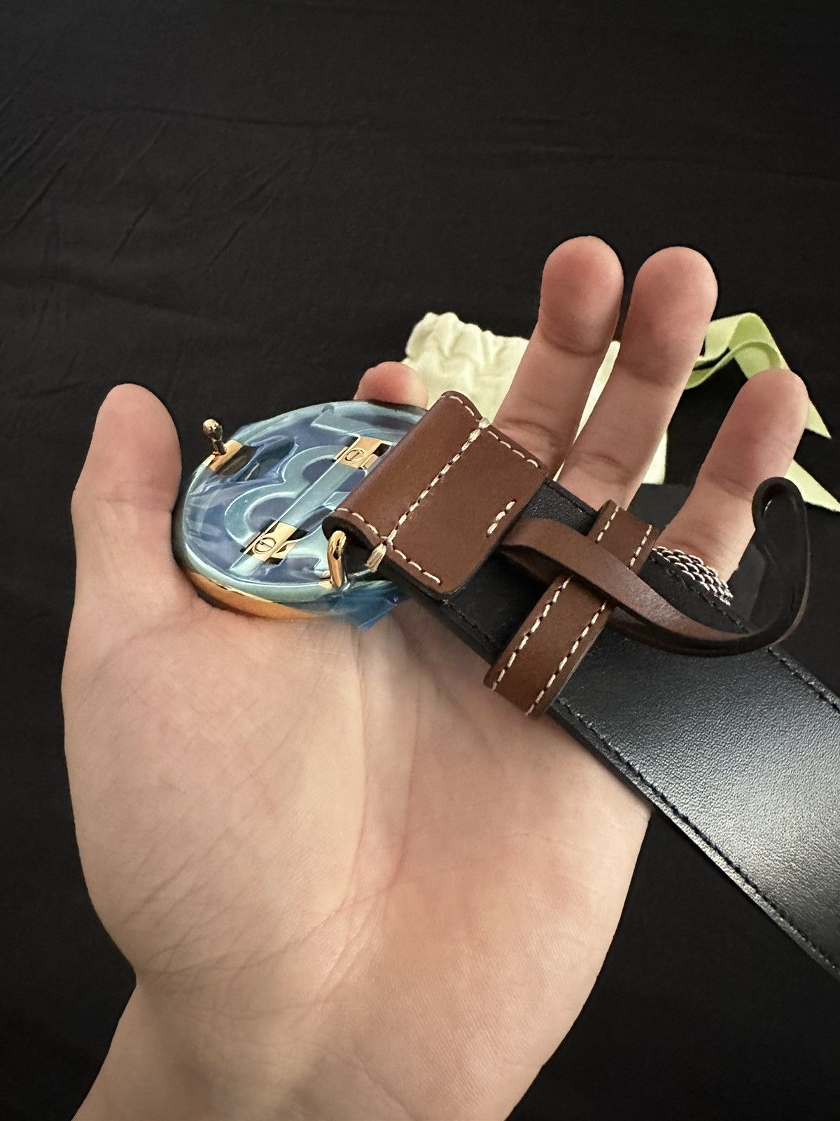 Burberry Burberry Gold Buckle Monogram Motif Topstiched Leather Belt Size 30 - 3 Thumbnail