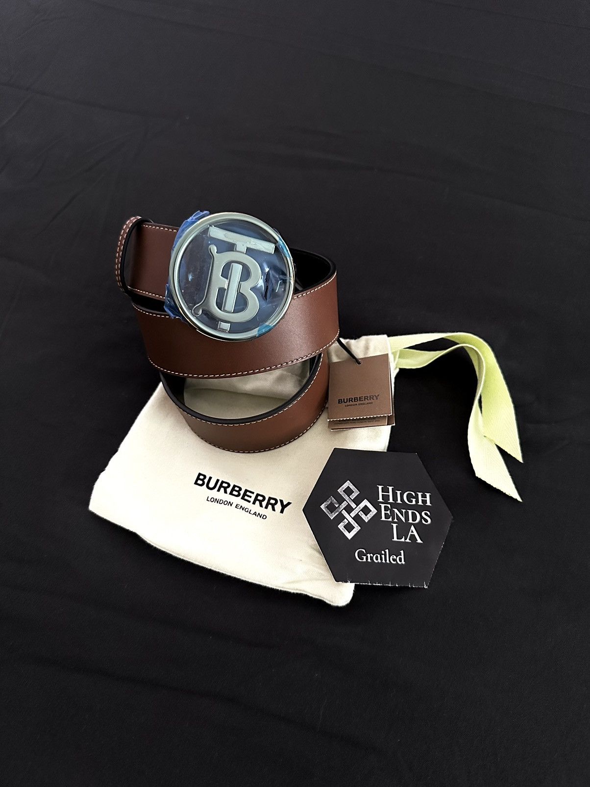 Burberry Gold Buckle Monogram Motif Topstiched Leather Belt