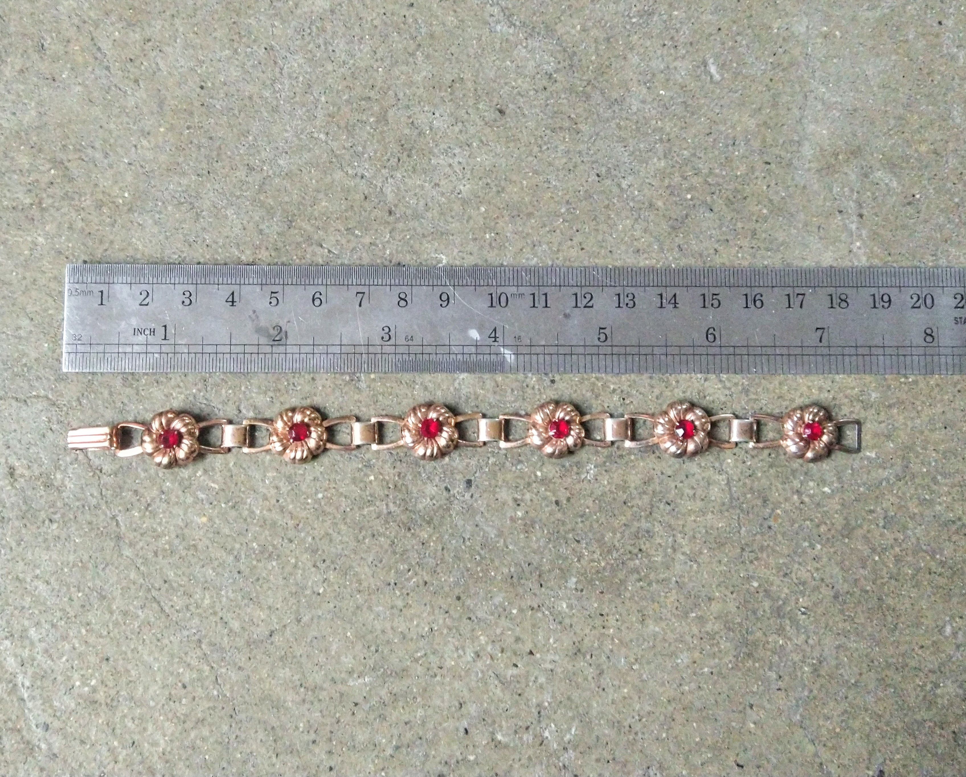 Jewelry Vintage Sterling Silver Bracelet Flower Link Chain Gold Red Size ONE SIZE - 12 Thumbnail