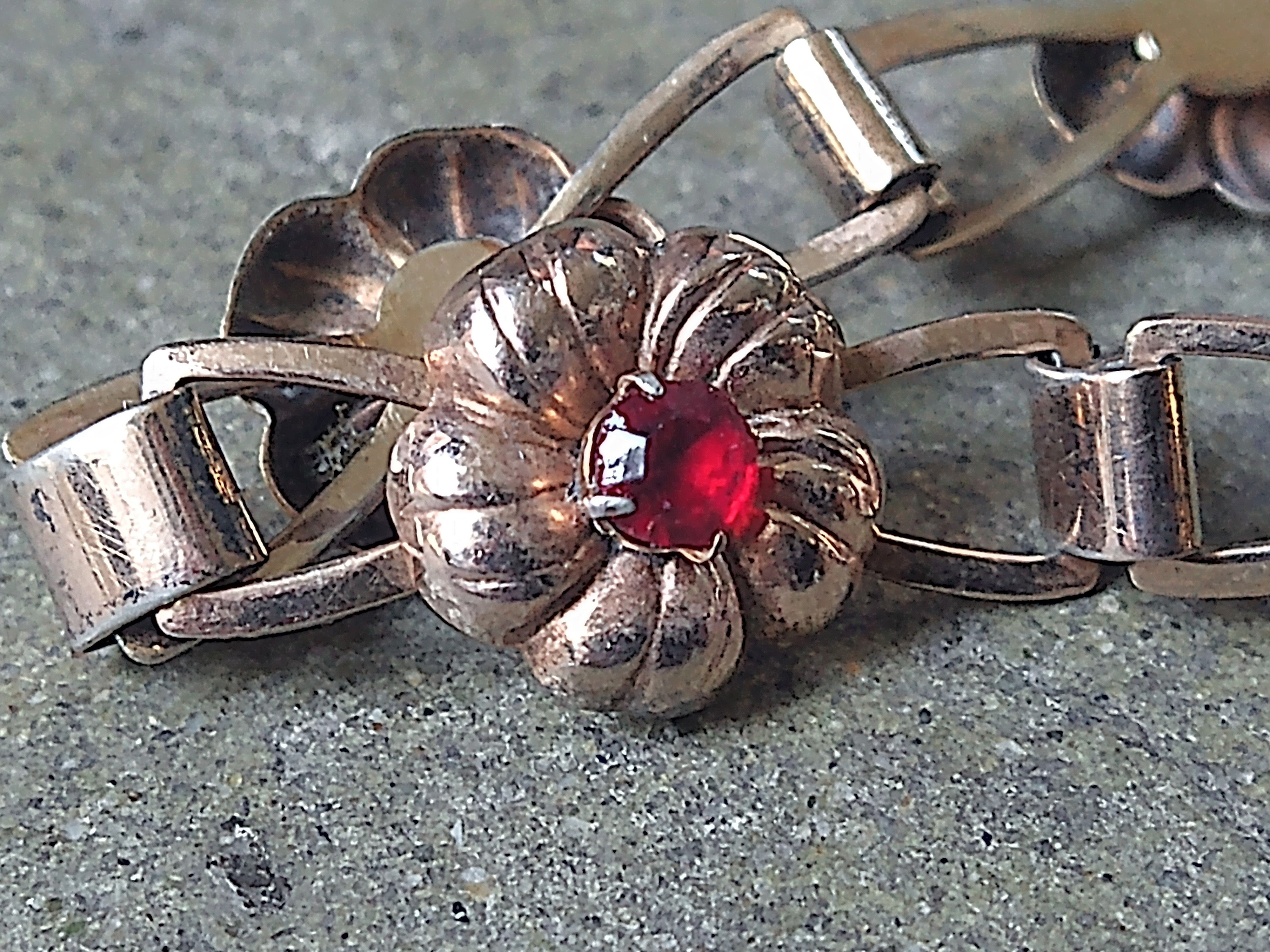 Jewelry Vintage Sterling Silver Bracelet Flower Link Chain Gold Red Size ONE SIZE - 2 Thumbnail