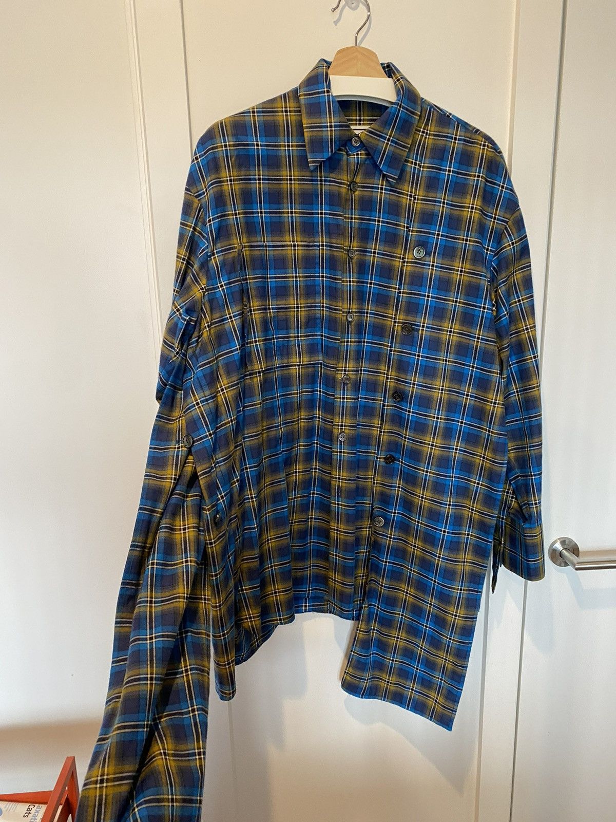 image of Wooyoungmi Asymmetrical Flannel Shirt in Blue, Men's (Size Large)