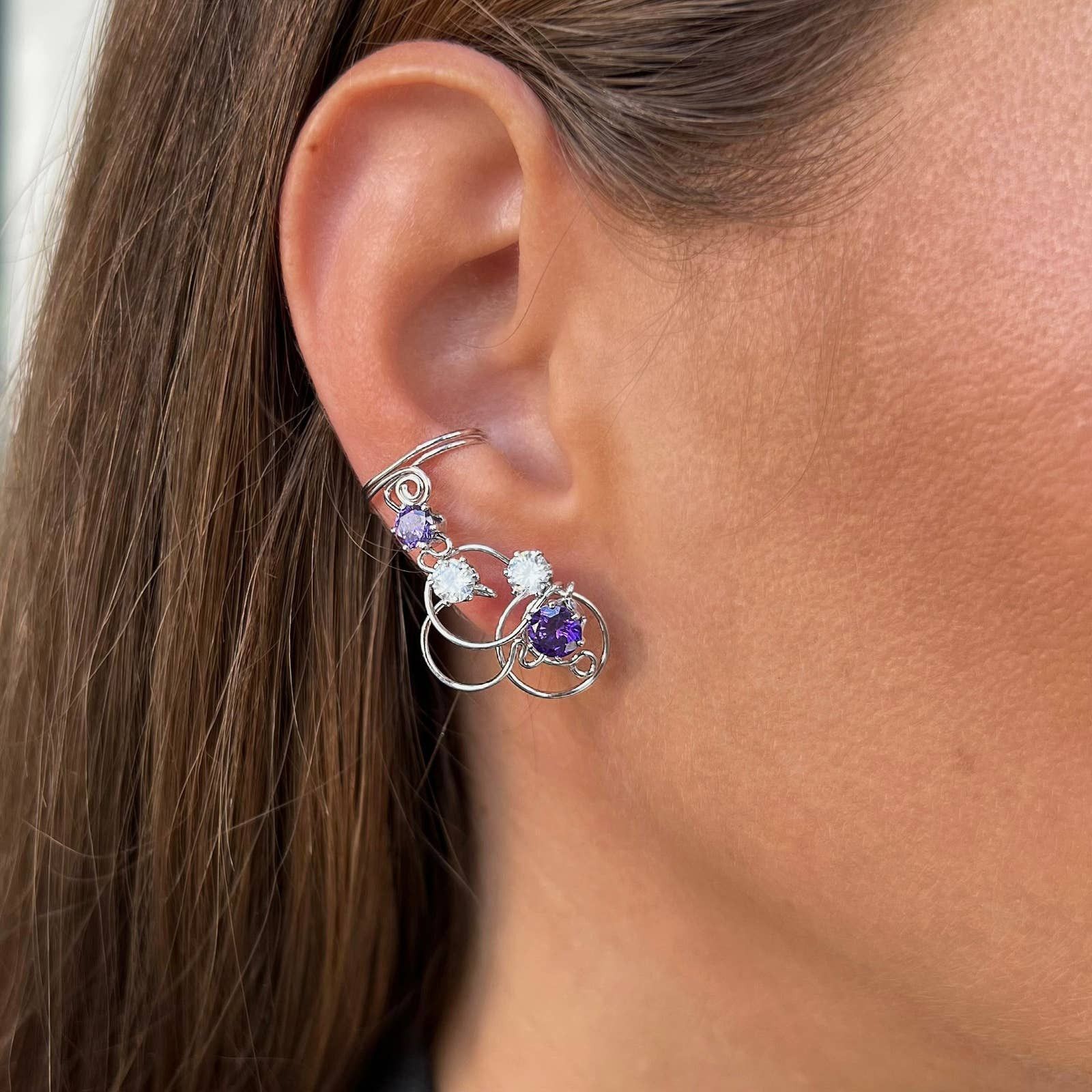Curved non pierced ear cuffs with Amethyst - Silver 925