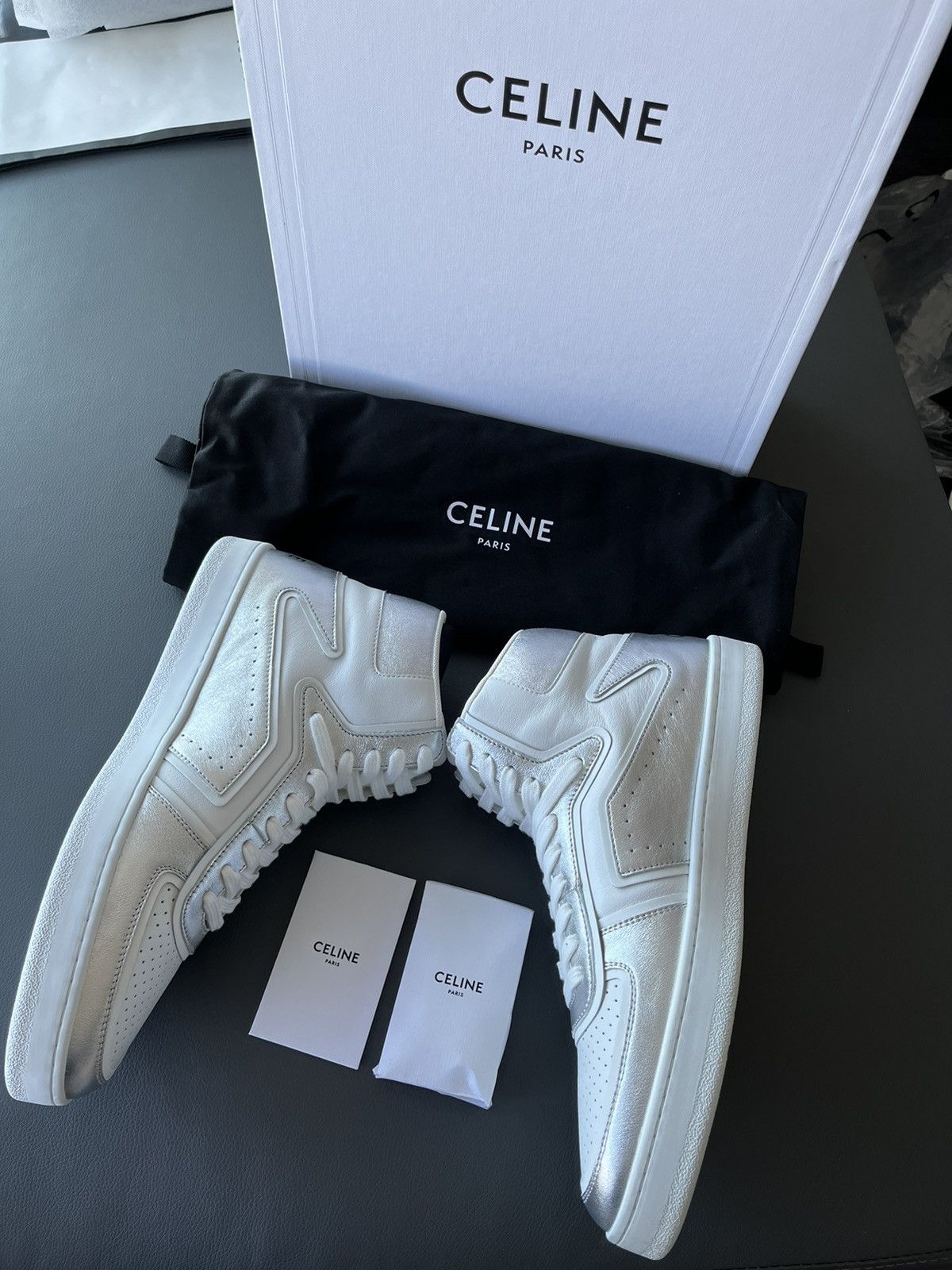 image of Super Runway Celine Logo Calfskin Trainer Sneaker in Metallic, Men's (Size 11)