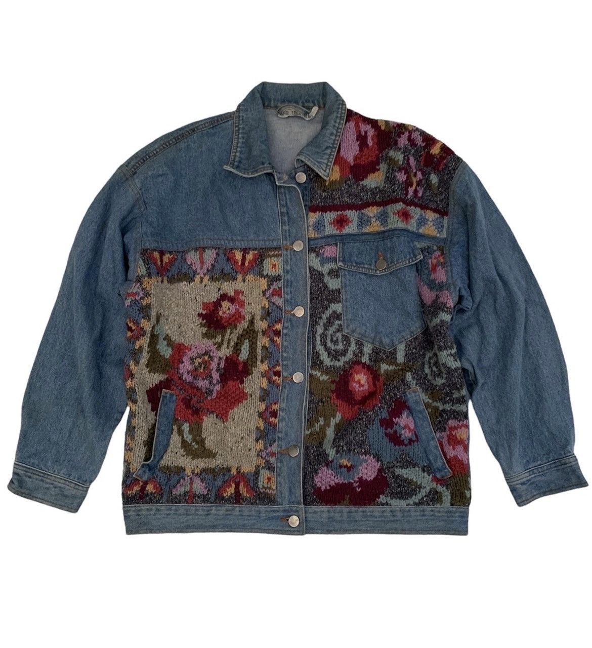 Vintage hand knit patchwork jean jacket