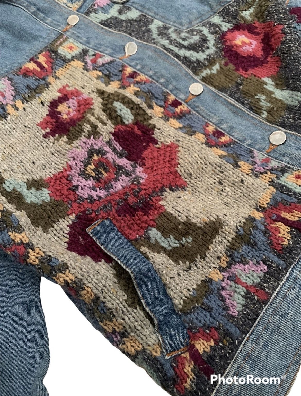 Vintage hand knit patchwork jean jacket
