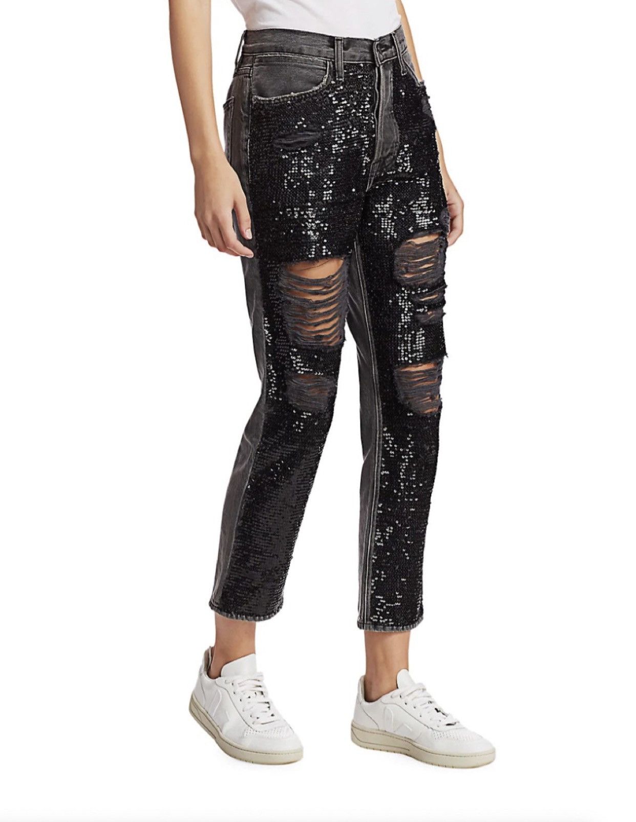Frame Sequin Distressed High-Rise Straight-Leg Jeans