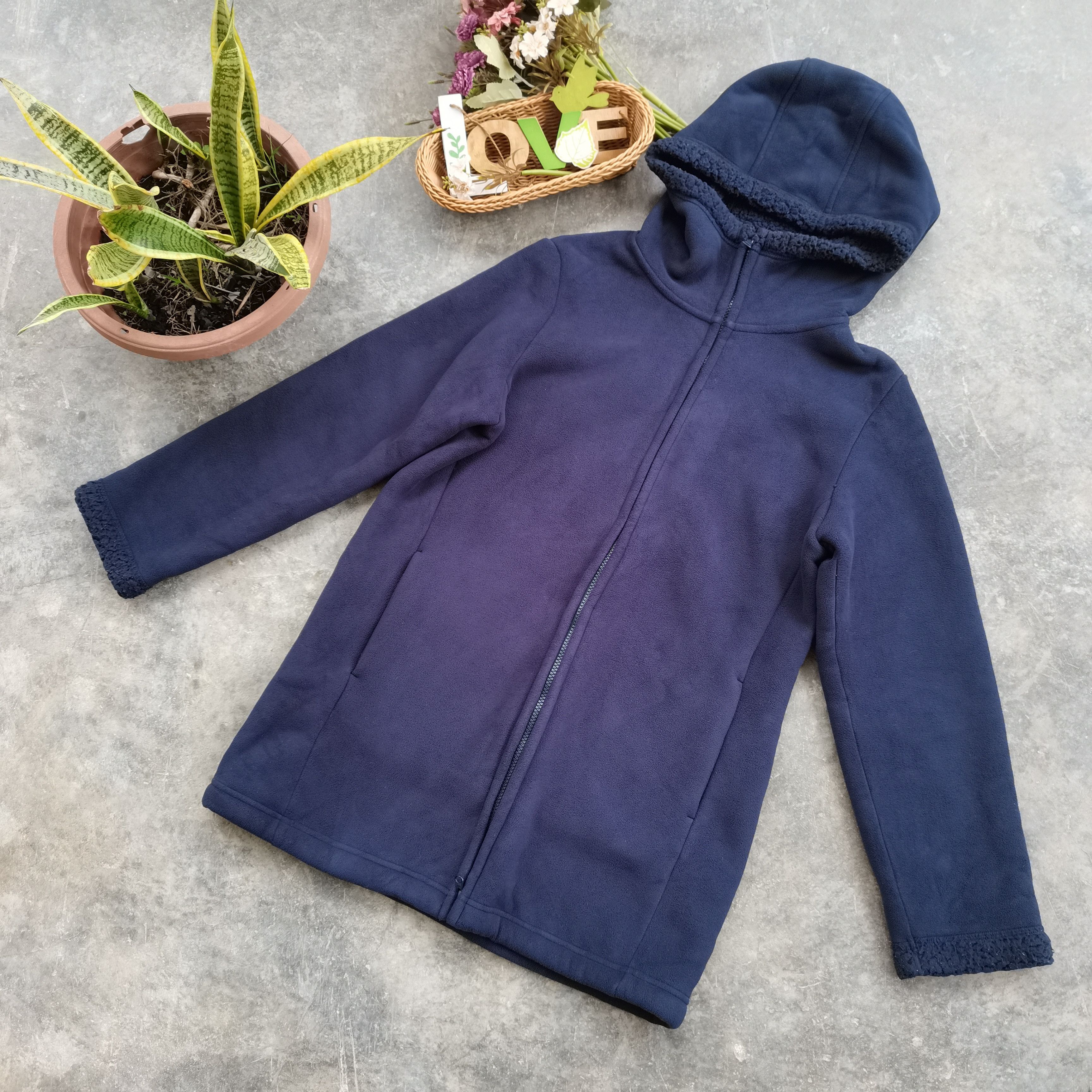 image of Vintage Uniqlo Deep Pile Fleece Hoodie Long Jacket in Blue, Men's (Size Large)