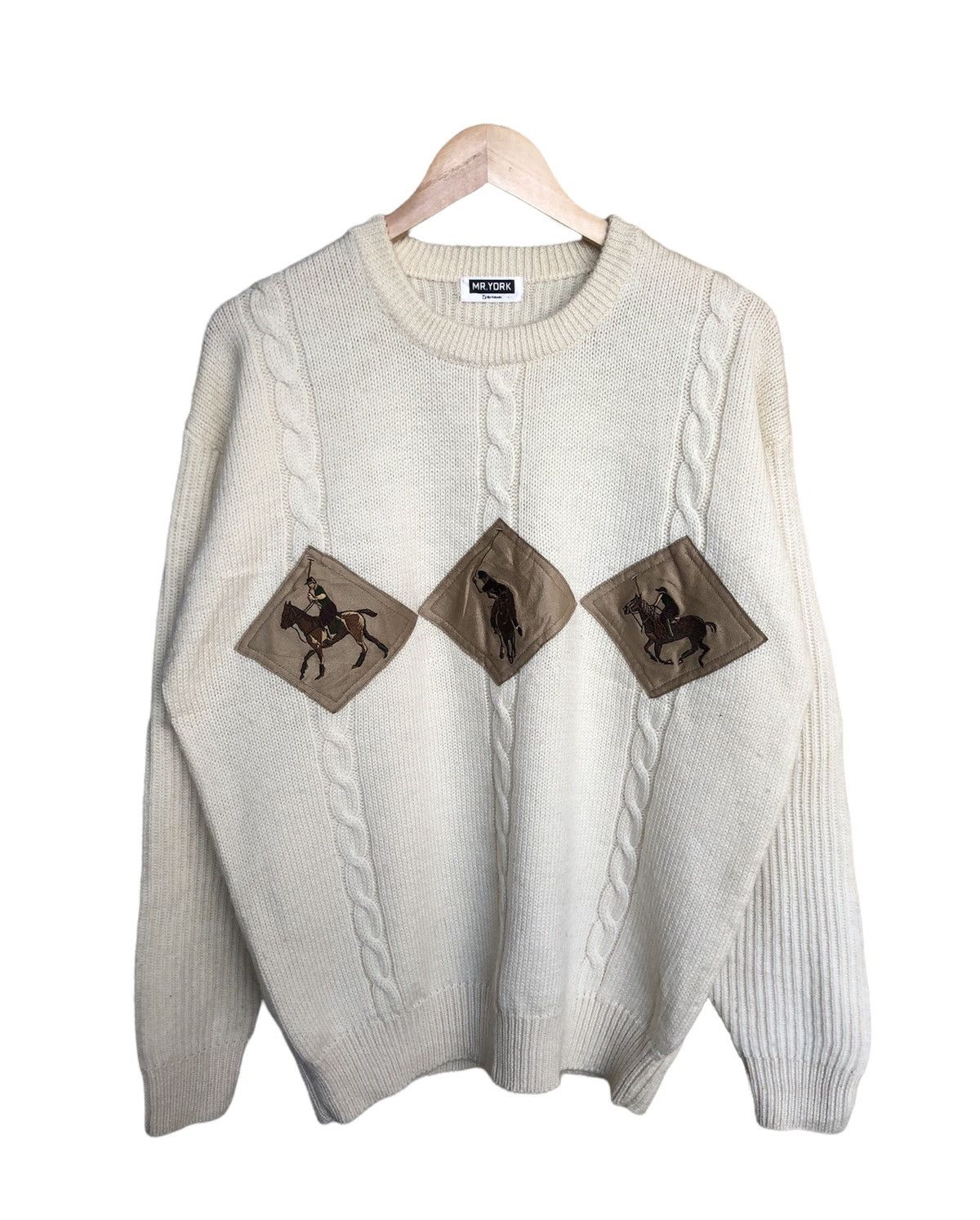image of Coloured Cable Knit Sweater Vintage Mr. York Patches Polo Knit Sweater in Cream, Men's (Size Large)