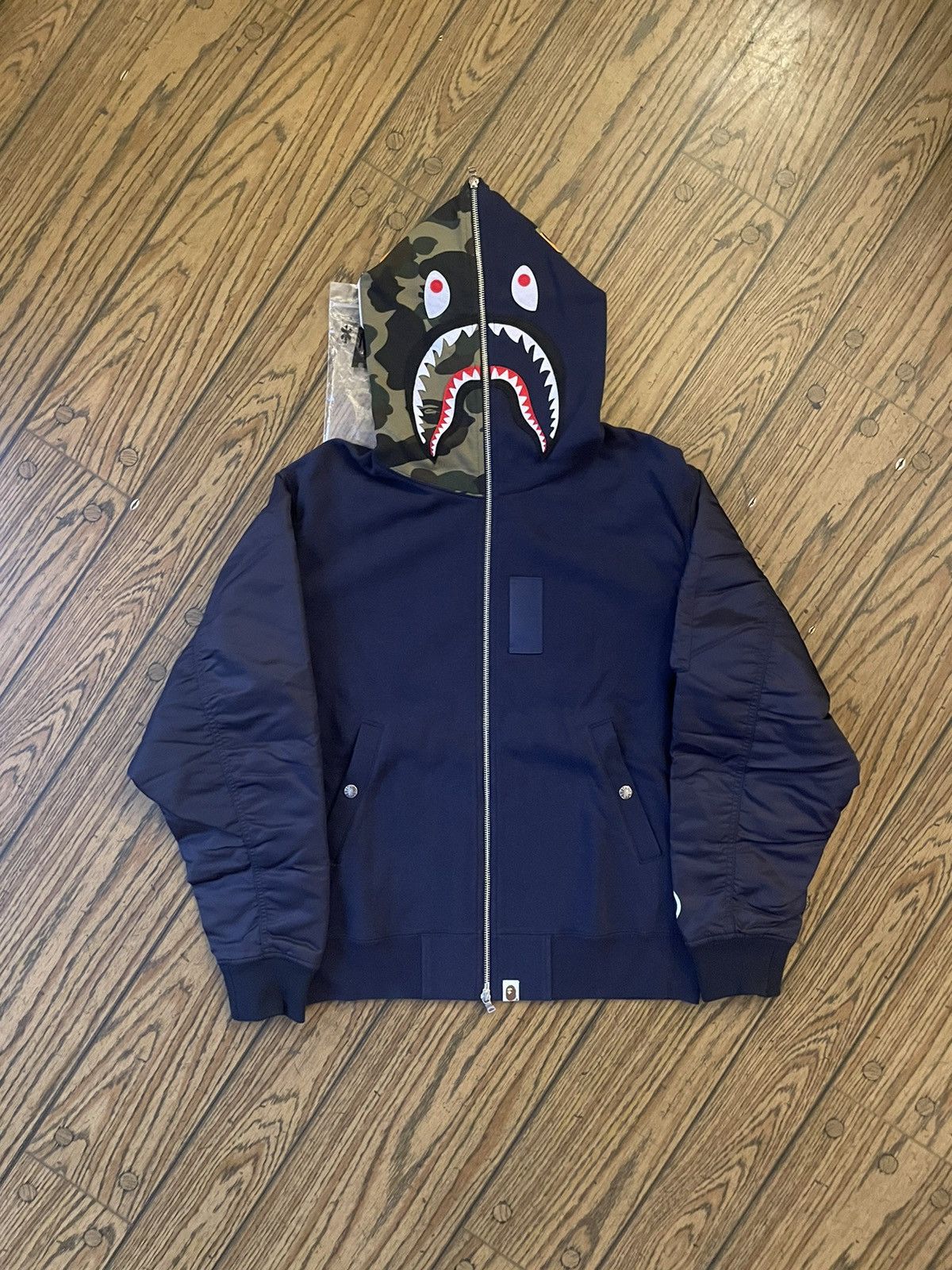 Bape Bape Navy Military Shark Full Zip Hoodie | Grailed