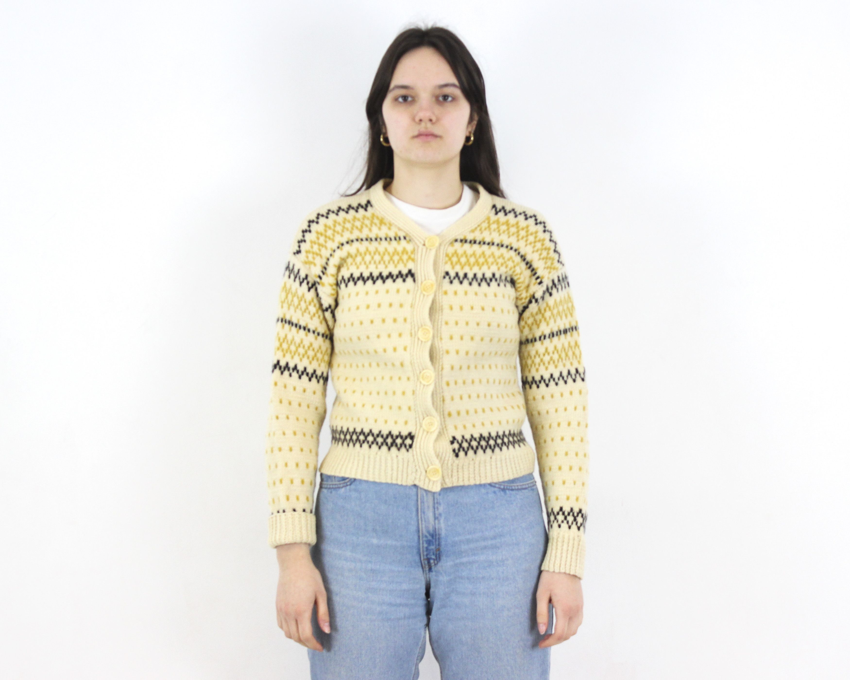 Handmade × Vintage Wool Norwegian Cardigan Sweater Jumper Patterned Jacket Top Size M / US 6-8 / IT 42-44 - 1 Thumbnail