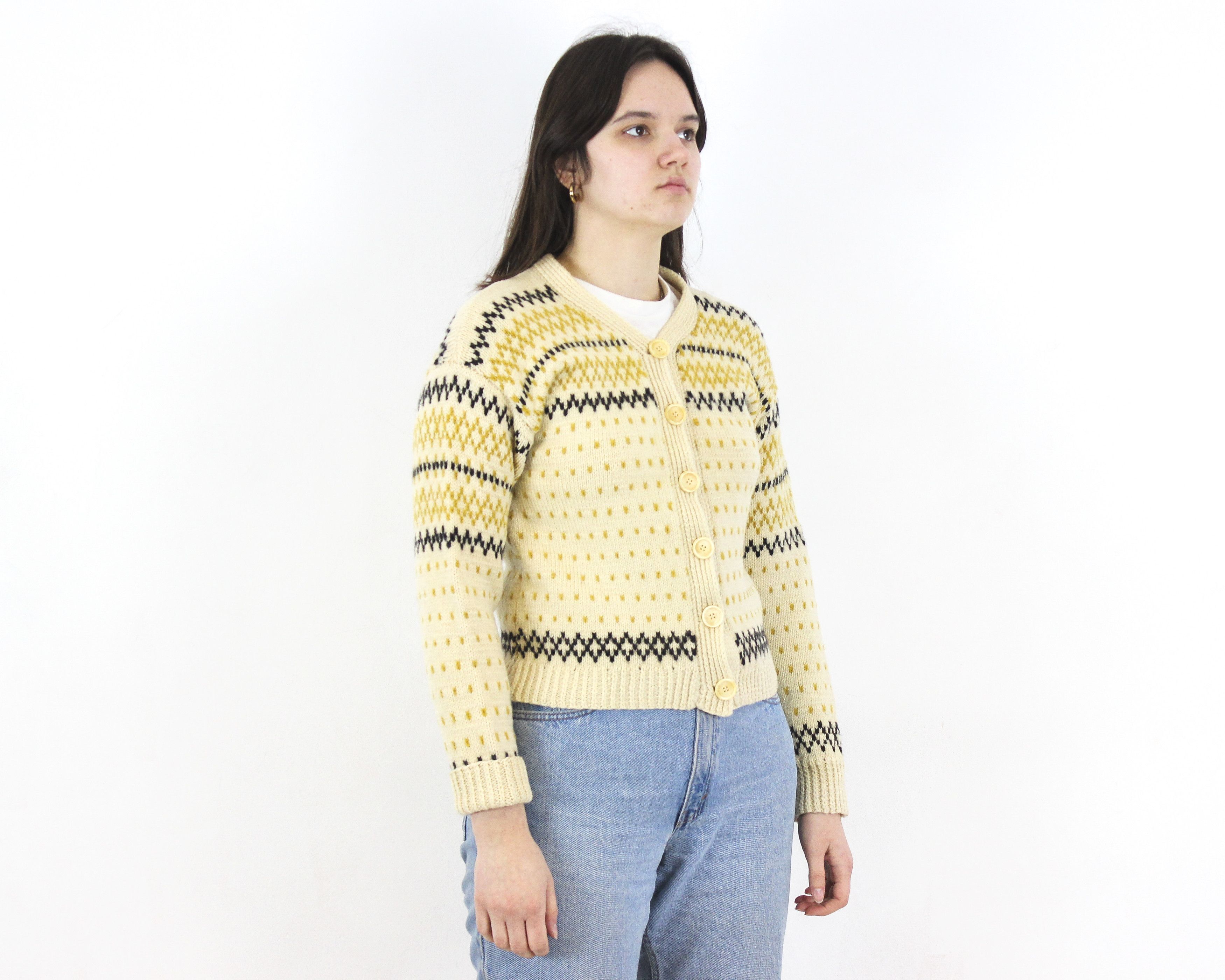 Handmade × Vintage Wool Norwegian Cardigan Sweater Jumper Patterned Jacket Top Size M / US 6-8 / IT 42-44 - 2 Thumbnail