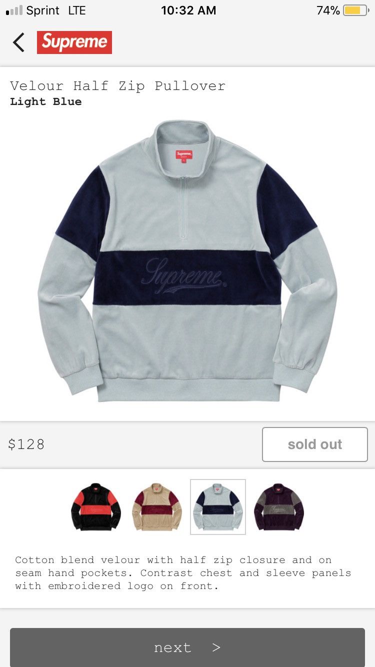 Supreme velour half zip pullover online