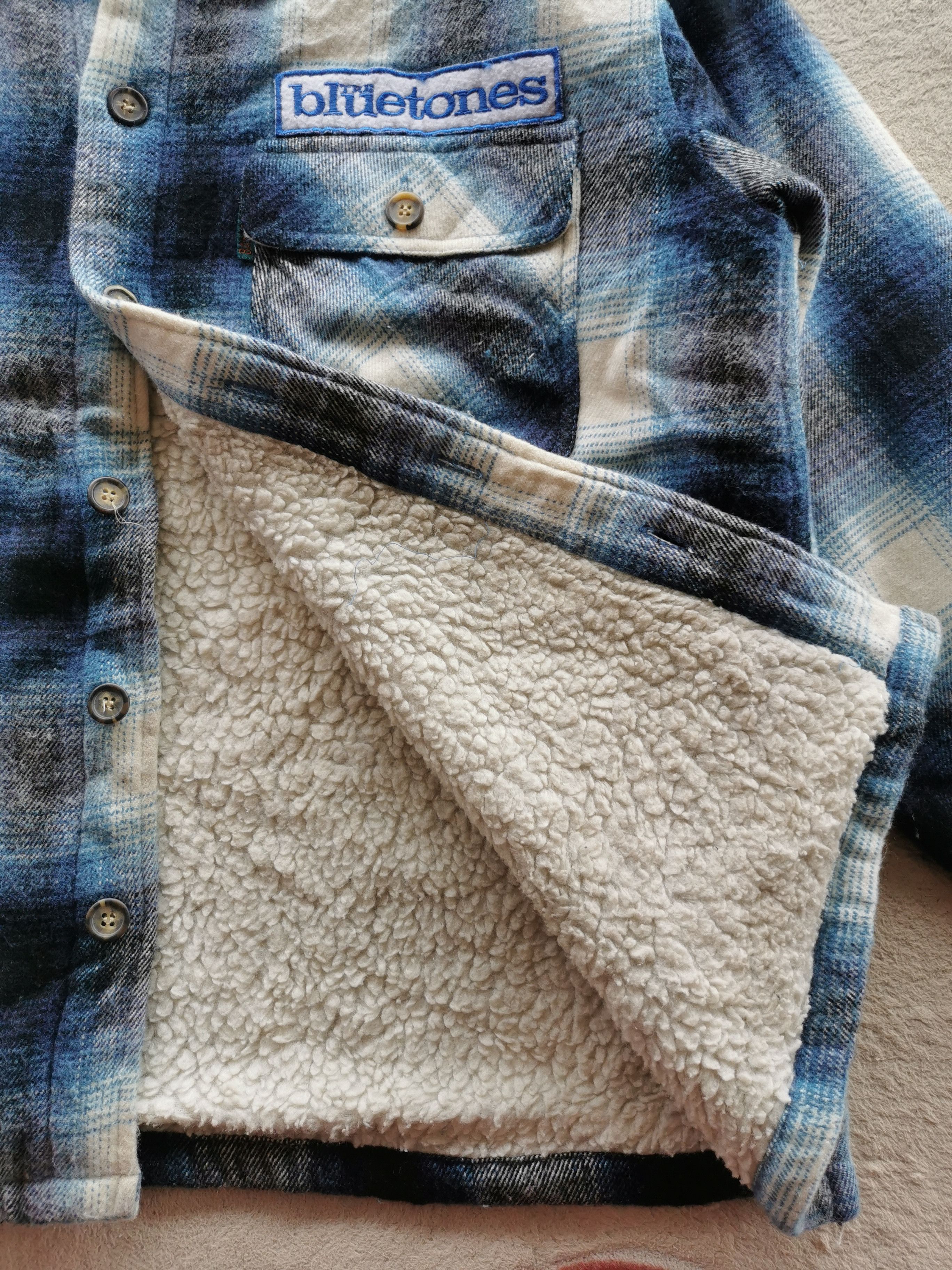 image of Band Tees The Bluetones Band Sherpa Flannel Jacket Vintage Bayleaf in Blue Stripe (Size Medium)