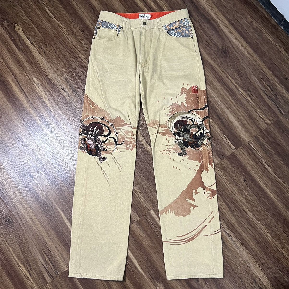 Vintage Karakuri Tamashii Raijin & Fujin denim pants | Grailed