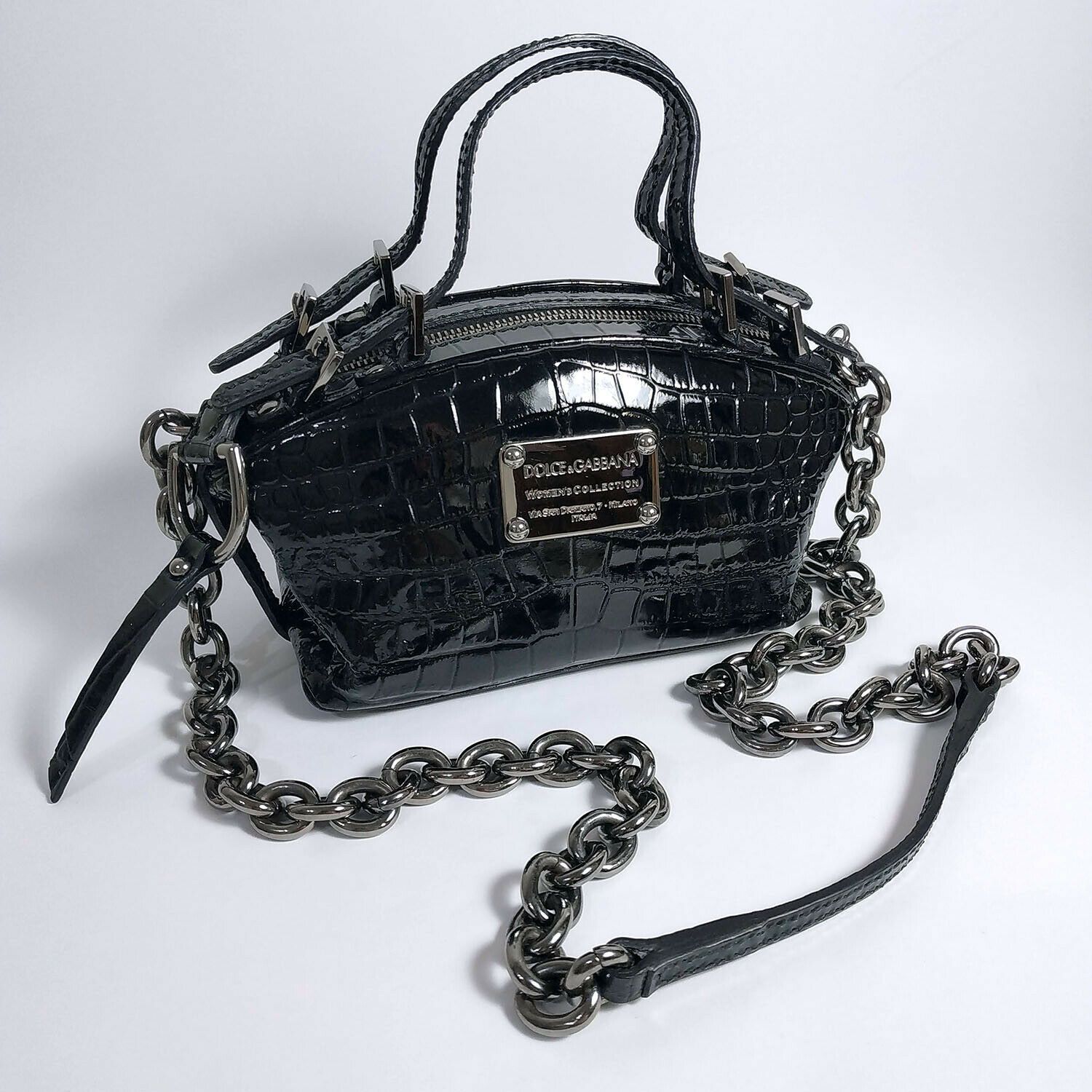 Dolce & Gabbana croc-embossed patent leather handbag w/ chain Size ONE SIZE - 6 Thumbnail