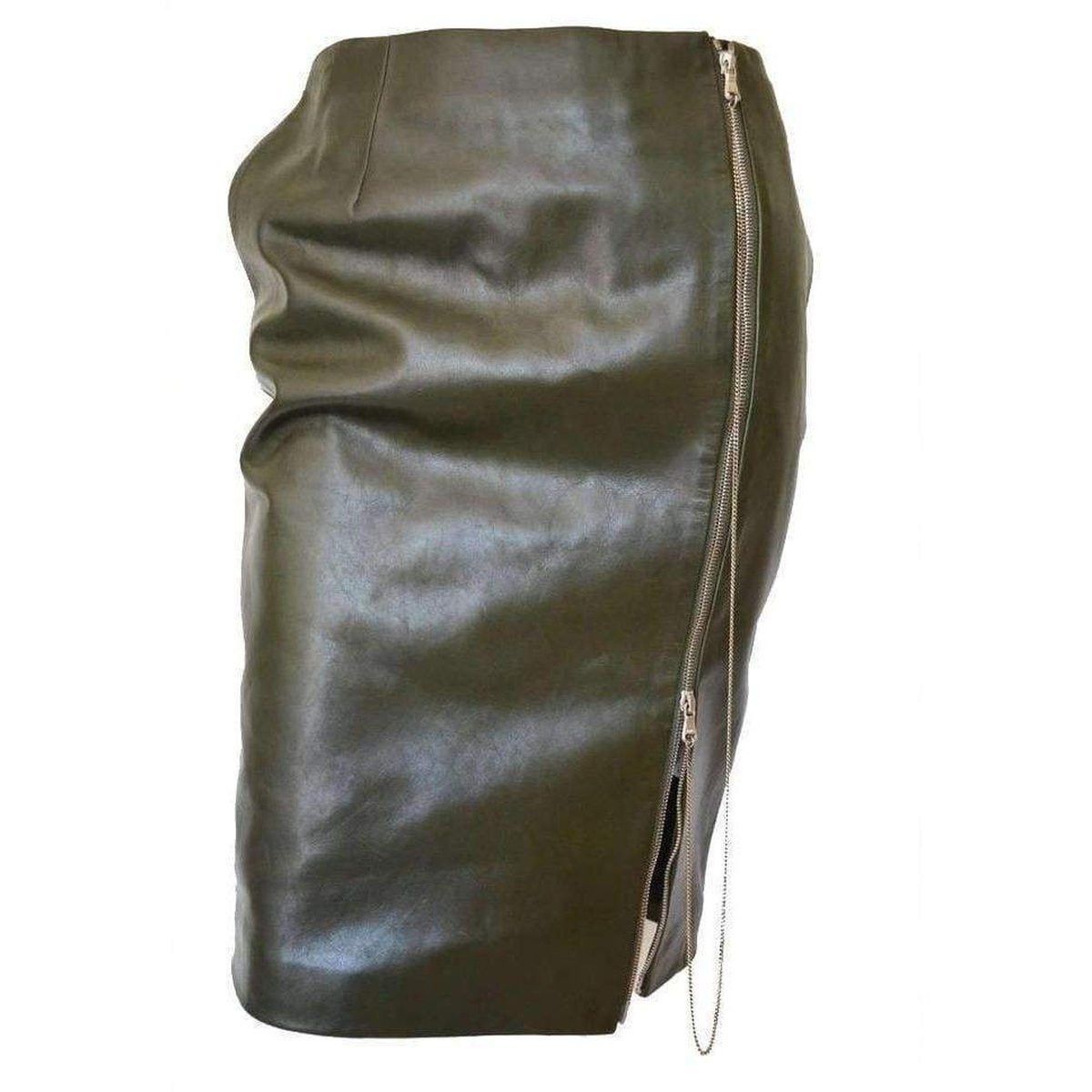 Dark Olive Green Front Zipper Leather Skirt