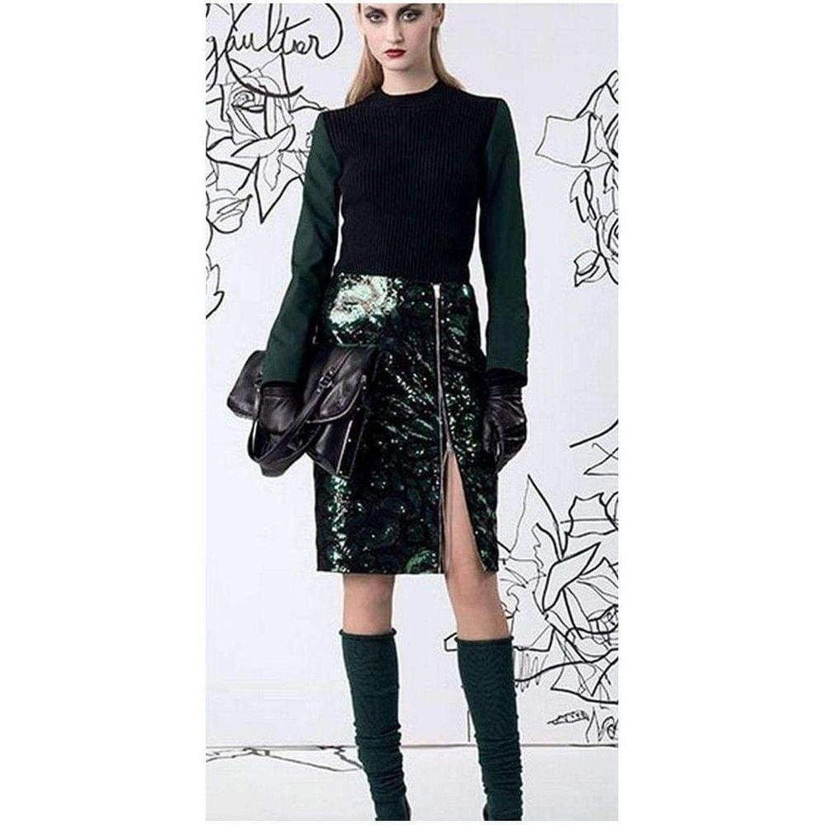 Dark Olive Green Front Zipper Leather Skirt