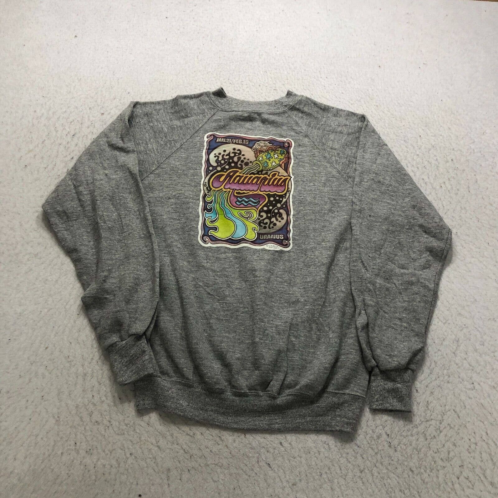 Vintage 70s Aquarius Astrology Sweatshirt Size L Gray
