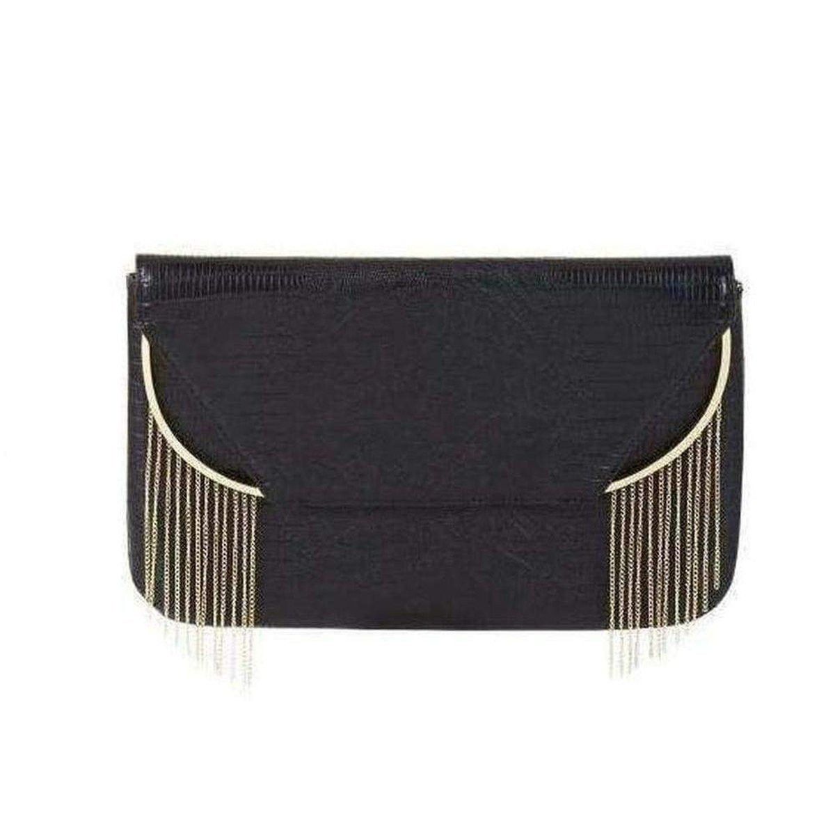Black Snake Embossed Chain Fringe Clutch