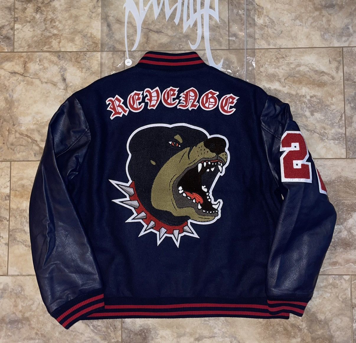 Revenge × Streetwear Revenge Navy Rottweiler Varsity Jacket Brand  