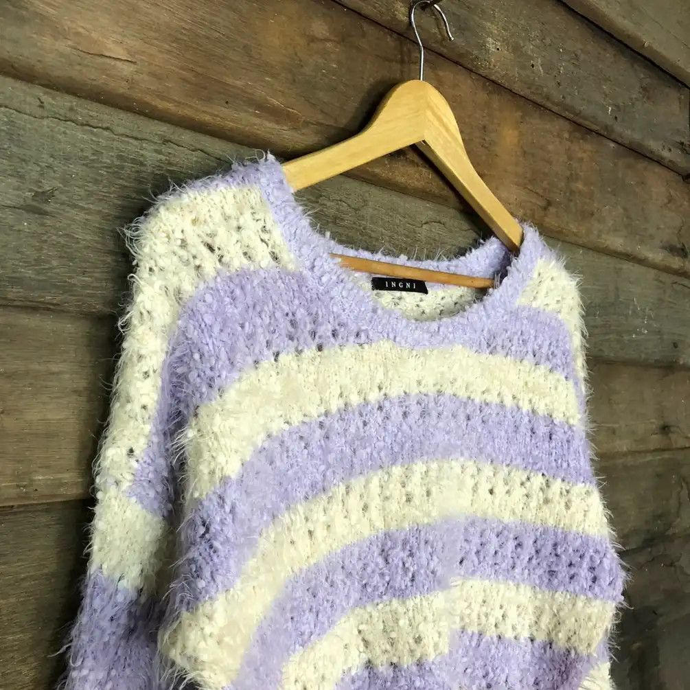 Japanese Brand × OVER THE STRiPES Ingni Purple White Shag Shaggy Fur Mohair Knitwear #691 Size M / US 6-8 / IT 42-44 - 6 Thumbnail
