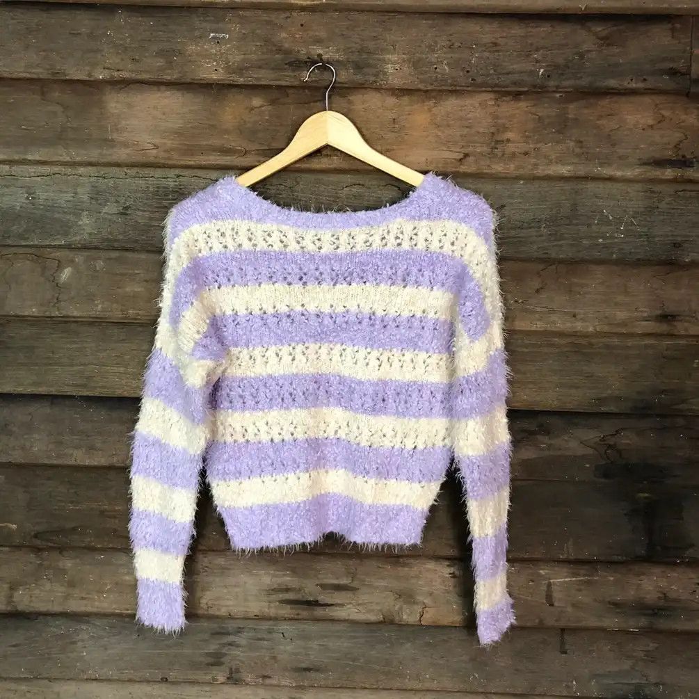 Japanese Brand × OVER THE STRiPES Ingni Purple White Shag Shaggy Fur Mohair Knitwear #691 Size M / US 6-8 / IT 42-44 - 8 Thumbnail