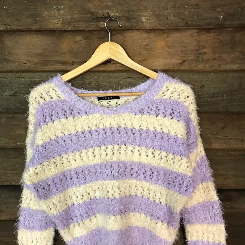 Japanese Brand × OVER THE STRiPES Ingni Purple White Shag Shaggy Fur Mohair Knitwear #691 Size M / US 6-8 / IT 42-44 - 3 Thumbnail
