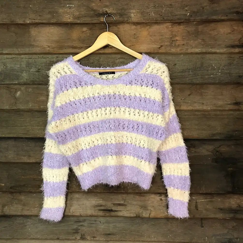 Japanese Brand × OVER THE STRiPES Ingni Purple White Shag Shaggy Fur Mohair Knitwear #691 Size M / US 6-8 / IT 42-44 - 1 Thumbnail