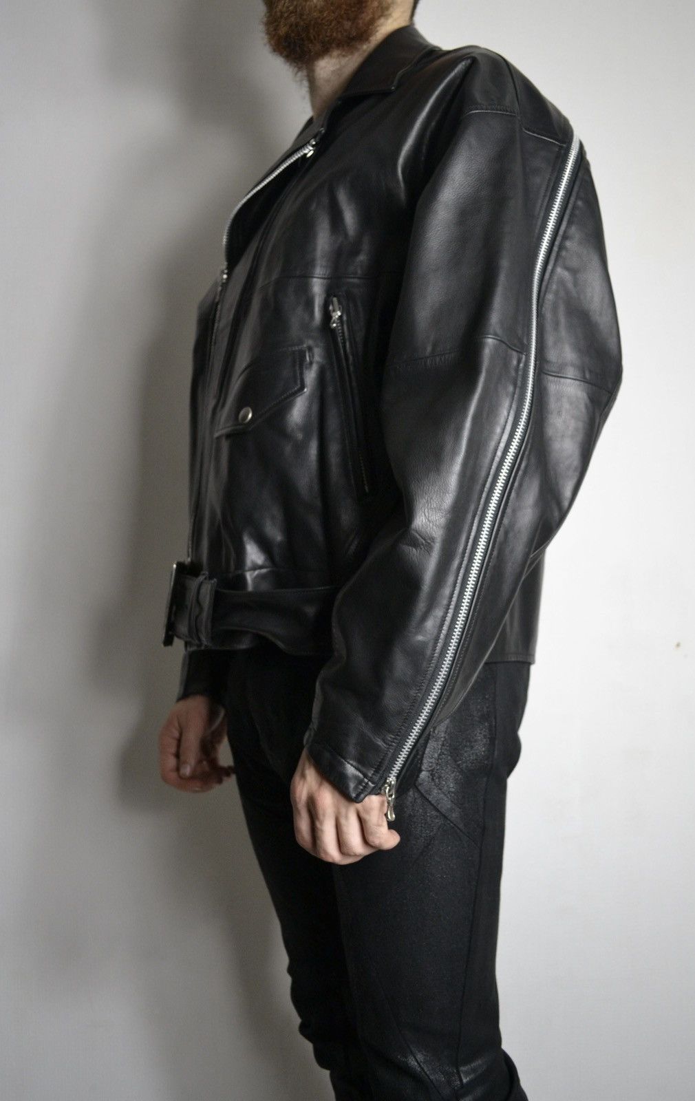 Julius- Oversized biker leather jacket with zip detail