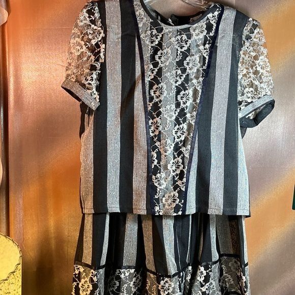 Vintage 80’s Striped Sheer Skirt Blouse Set Black Size Small